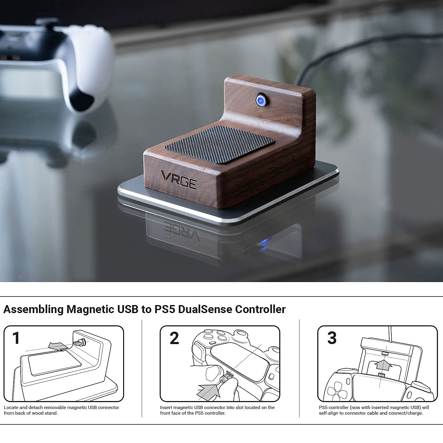 Premium PS5 Controller Charger - Walnut Wood & Aluminum Dock for DualSense - Gaming Setup Essential
