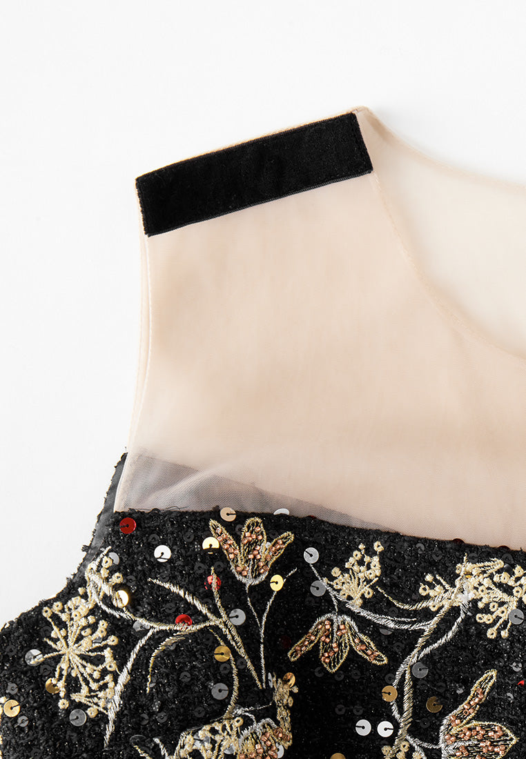 Elegant Oriental Paneled Sequin & Embroidery Mesh Dress for Women - Perfect for Evening Parties, Weddings & Special Occasions