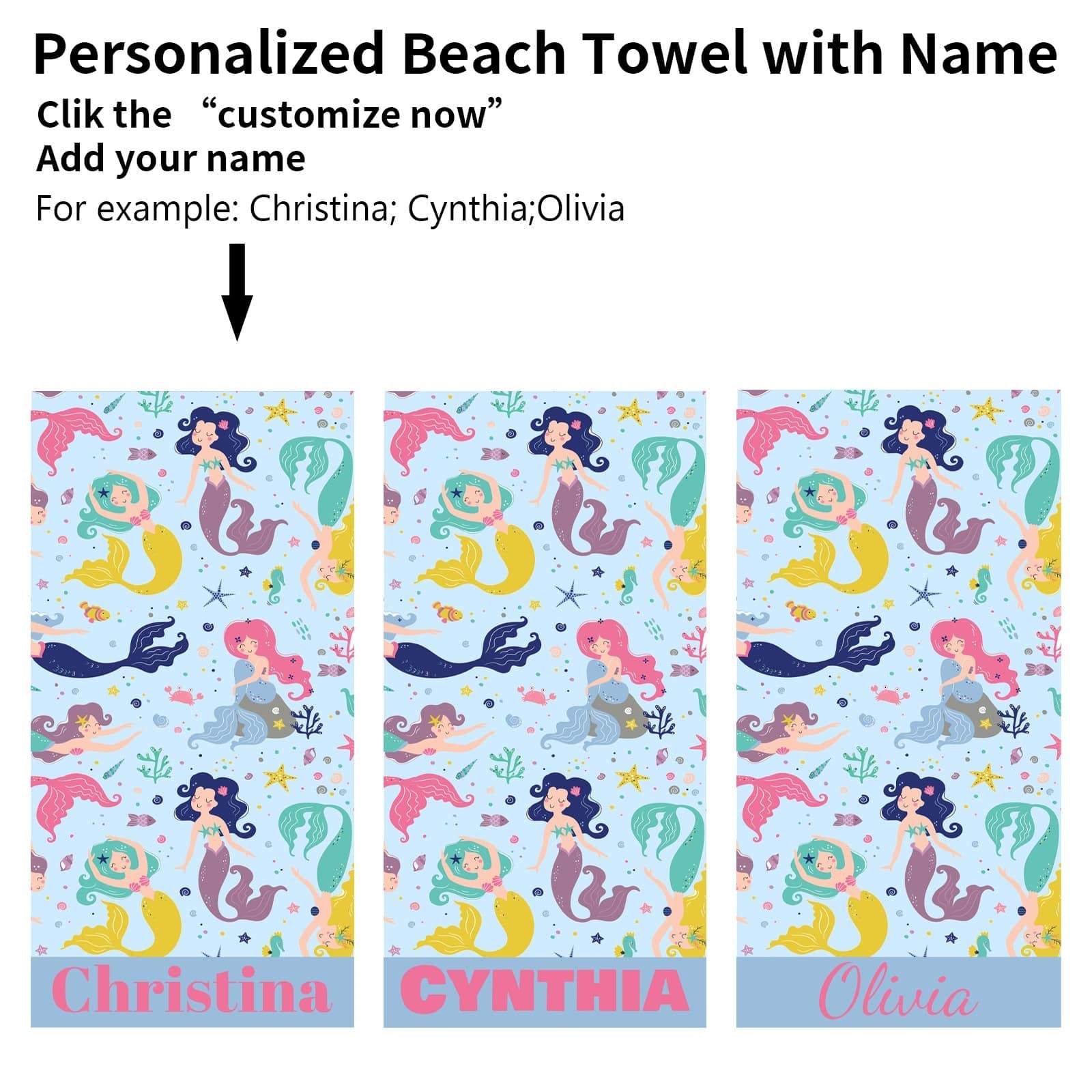 Personalized Monogrammed Bath Towel with Name - Custom Mermaid Design for Women, Kids & Adults | Quick Dry Microfiber Beach Towel for Swimming Pool, Camping & Spa | Oversized Luxury Bath Sheet
