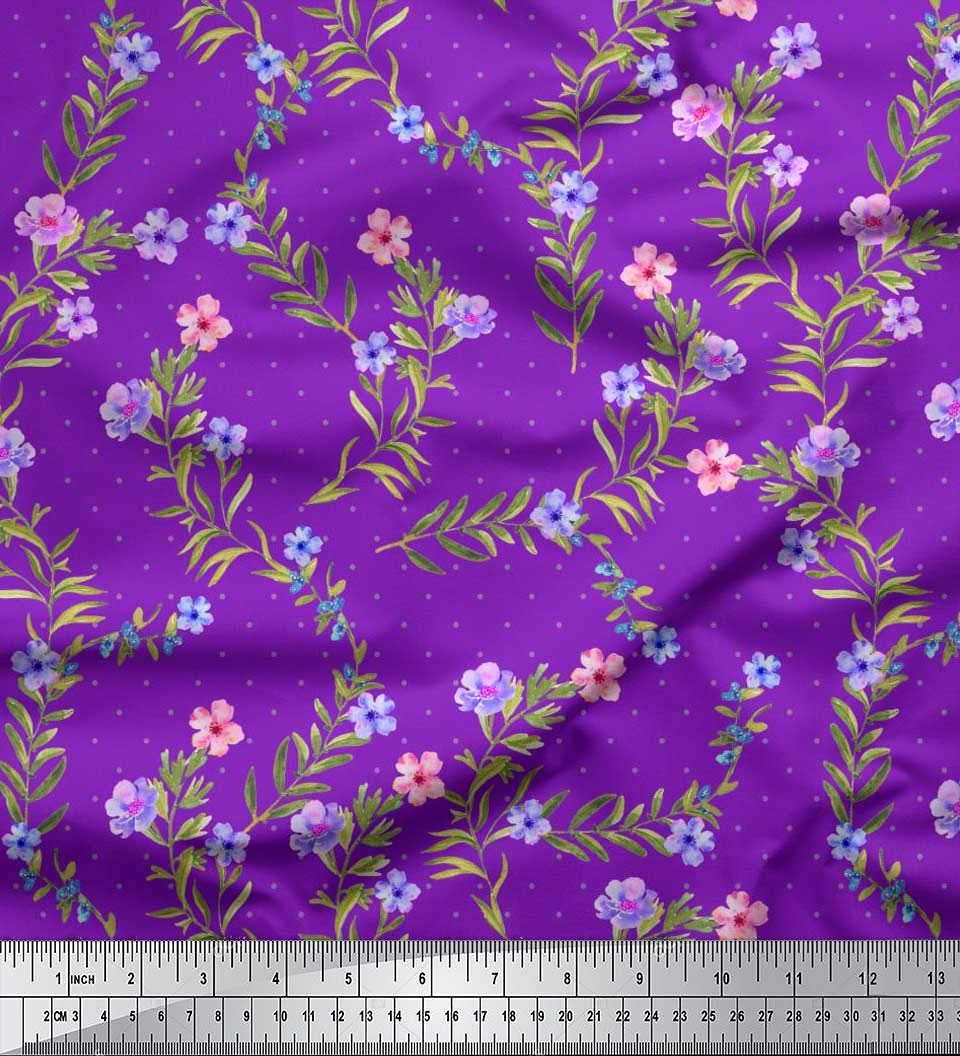 Soimoi 52 Inch Wide Purple Polyester Crepe Fabric by The Yard - Floral, Dot & Leaves Printed Design for Dresses, Scarves & DIY Crafts - Lightweight & Wrinkle-Resistant for Fashion Sewing & Home Decor Projects