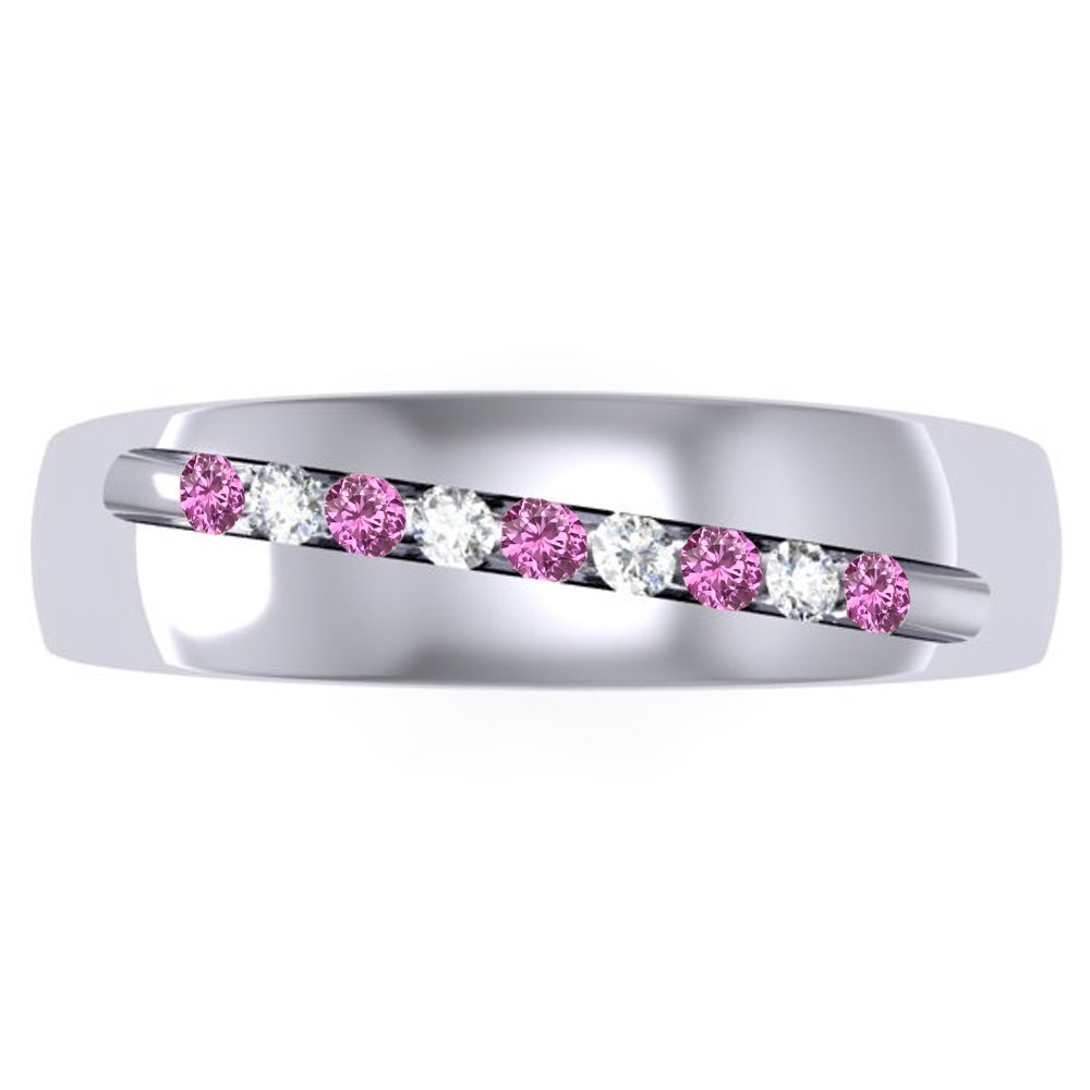Dazzlingrock Round Cut Pink Sapphire & White Diamond Men's Stackable Wedding Band Ring, Sterling Silver Anniversary Gift for Him - Perfect for Engagements, Proposals, and Special Occasions