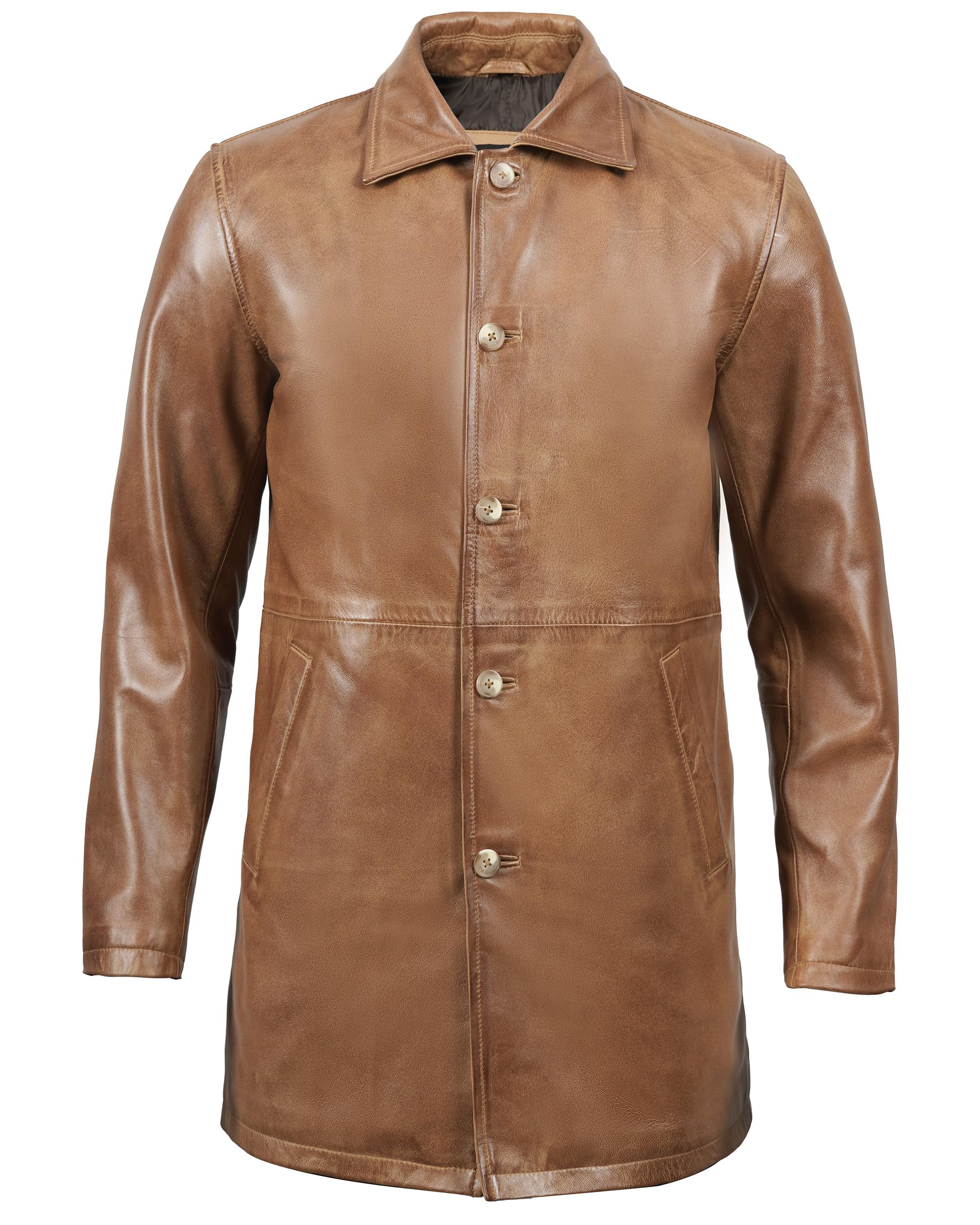 Decrum Genuine Leather Coat for Men - Classic Long Winter Carcoat Style Jacket | Warm & Stylish Outerwear for Casual, Office & Outdoor Activities