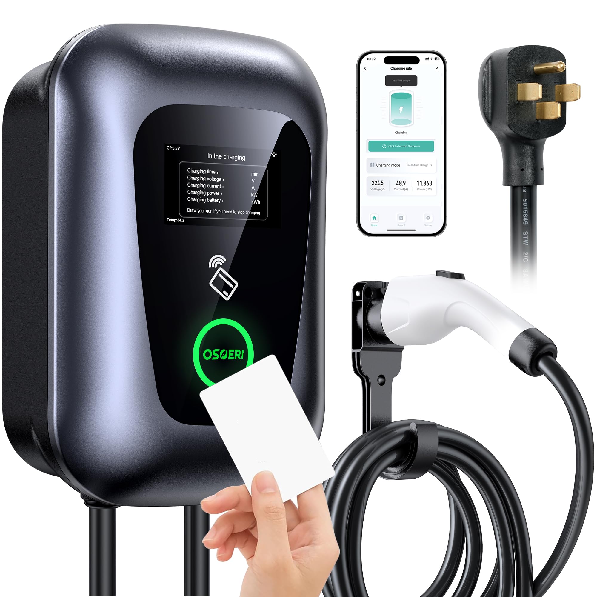 Osoeri 48A Level 2 Smart EV Charger - 240V 11.5KW J1772 Electric Vehicle Charging Station with APP Control & RFID Cards - NEMA 4 Rated Indoor/Outdoor - 24ft Cable - Perfect for Home, Office & Public Parking Charging Needs
