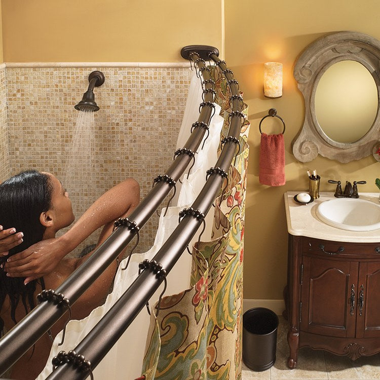 Adjustable Curved Stainless Steel Double Shower Rod with Concealed Mount Flanges - Perfect for Bathroom Organization & Space Saving - Ideal for Hanging Shower Curtains, Towels or Robes