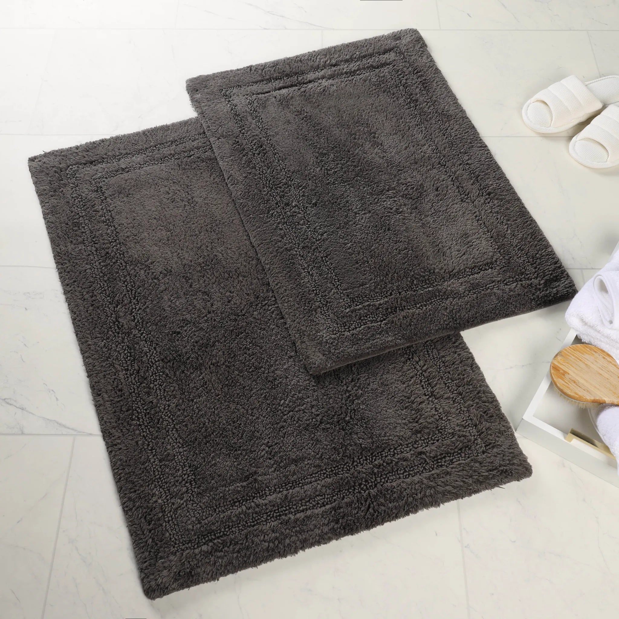 Non-Slip Cotton Bathroom Rug Set - 2 Piece Washable Absorbent Bath Mat with Anti-Skid Backing for Bathroom, Shower & Vanity Area