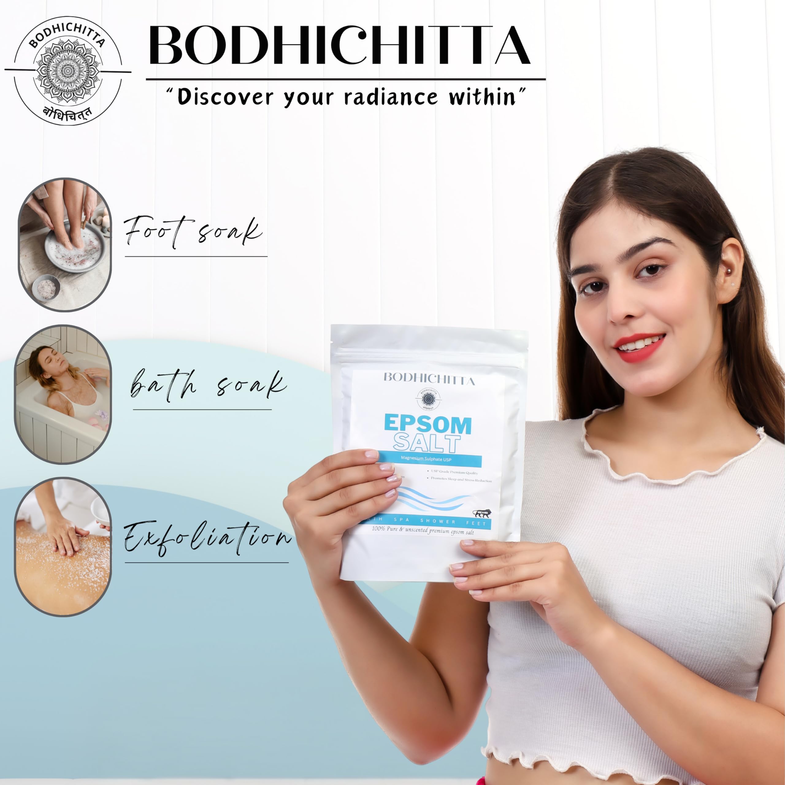 Bodhichitta Epsom Salt for Bath - 1kg Magnesium Sulfate Crystals for Muscle Relief, Pain & Stress Relief - Perfect for Relaxing Baths, Foot Soaks & Post-Workout Recovery