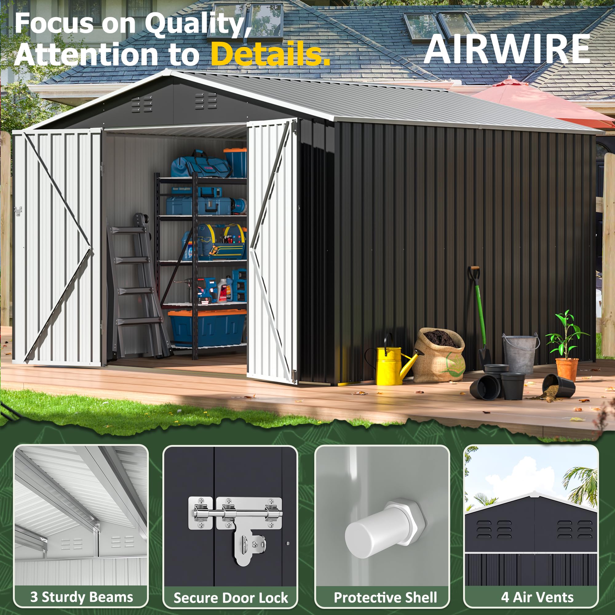 10x10 FT Outdoor Storage Shed - Heavy Duty Metal Garden Shed with Reinforced Frame & Lockable Doors - Waterproof Tool Shed for Backyard, Patio, Lawn Equipment (Grey) - Perfect for Storing Gardening Tools, Lawn Mowers & Outdoor Furniture