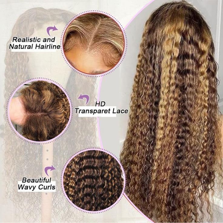 13x4 Highlight Ombre Deep Wave Lace Front Wig - 100% Human Hair - Honey Blonde HD Transparent Lace - Pre Plucked with Baby Hair - 180% Density - 26 Inch - Perfect for Daily Wear, Parties & Special Occasions