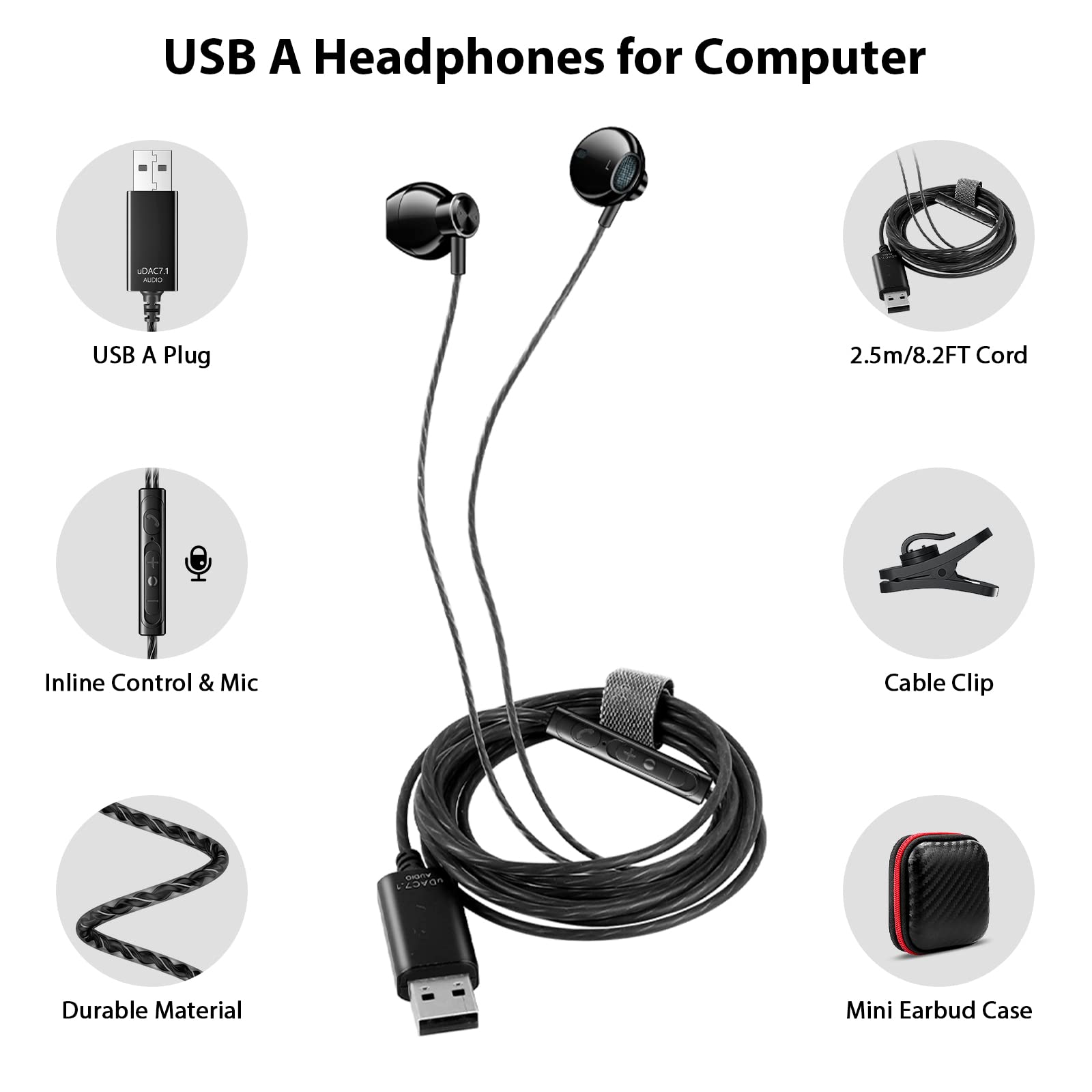 ACOCOBUY USB Computer Headset with Microphone - 8.2ft Wired Noise Cancelling HiFi Stereo Gaming Headphones for PC, Laptop (ASUS, Dell, Surface) - Lightweight In-Ear Earphones for Work, Gaming & Online Meetings