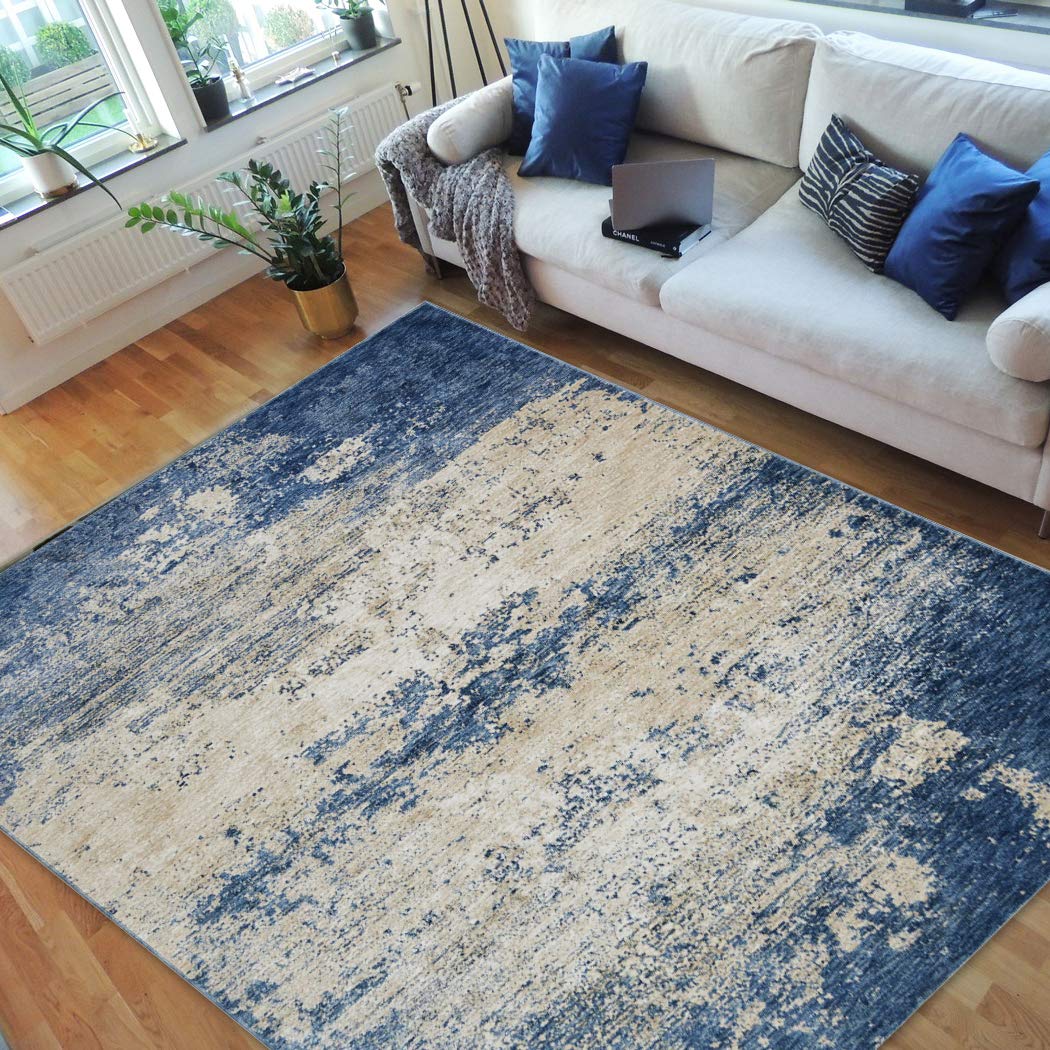 Luxury Modern Abstract Area Rug for Living Room - Stone Washed Distressed Blue Multi-Color 5' x 7' - Perfect for Boho Chic, Contemporary & Farmhouse Decor