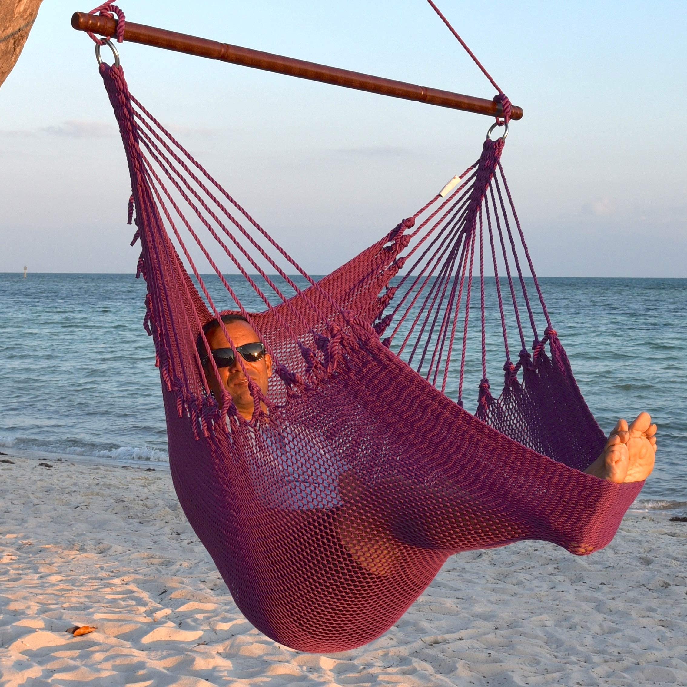 Jumbo Caribbean Hammock Chair with Footrest - 55 Inch Oversized Hanging Swing Chair - Soft-Spun Polyester in Purple - Perfect for Patio, Backyard, Porch & Indoor Relaxation