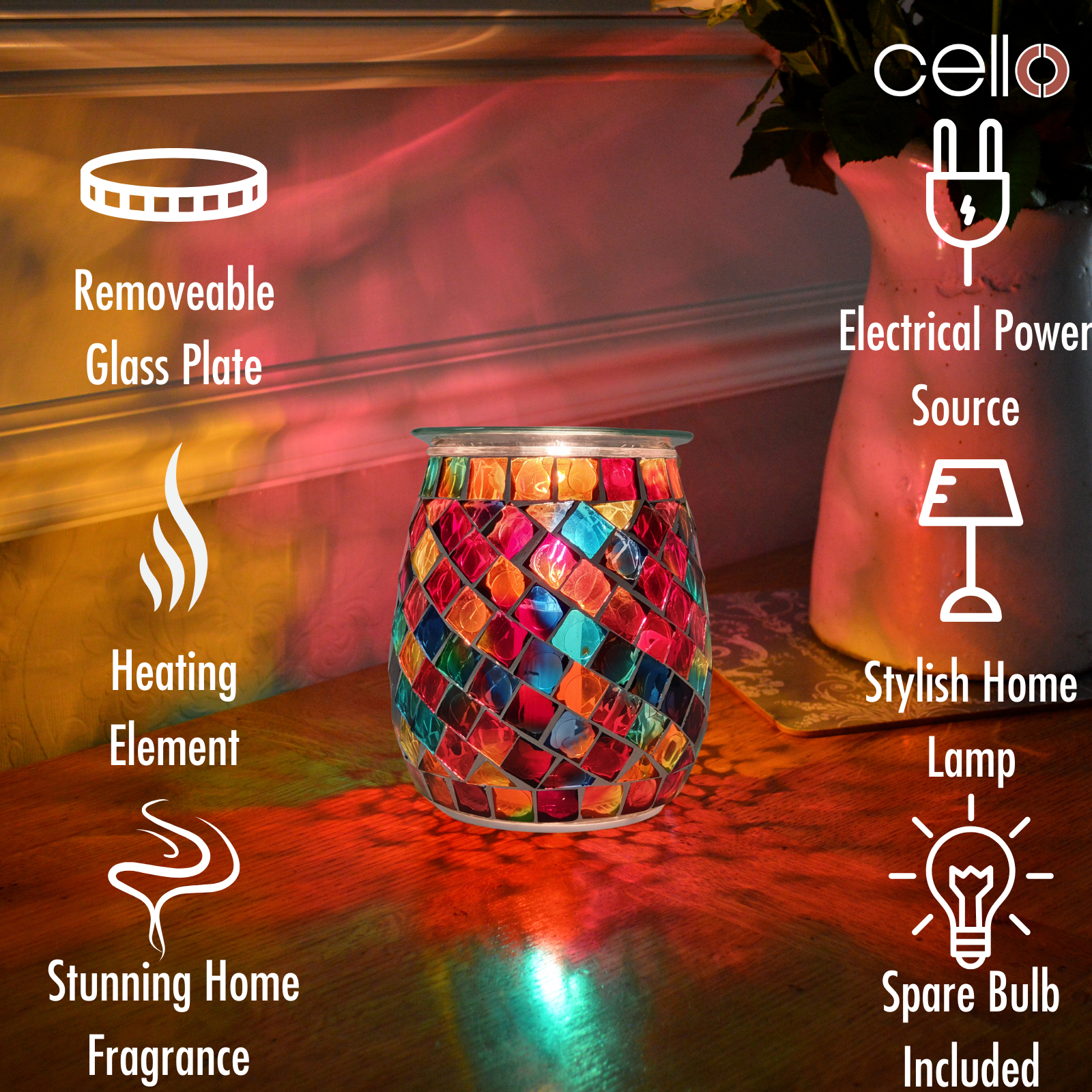 Electric Wax Warmer with Mosaic Glass Design - Floral Aromatherapy Diffuser for Home, Office & Spa Relaxation