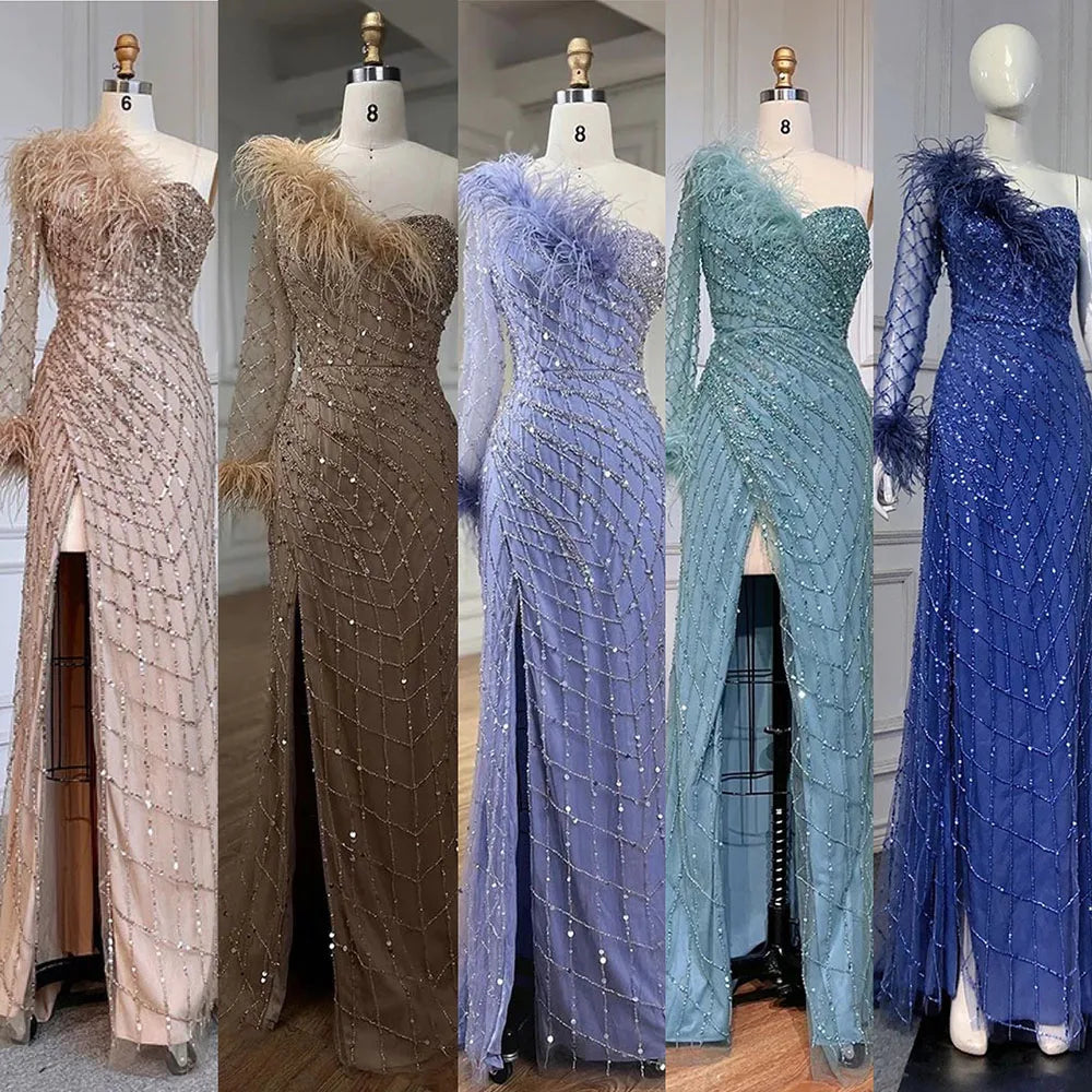 Elegant Blue One Shoulder Mermaid Evening Dress with Beaded Feather Details - Luxury Women's Formal Gown for Prom, Wedding & Special Occasions - Serene Hill Collection LA71612
