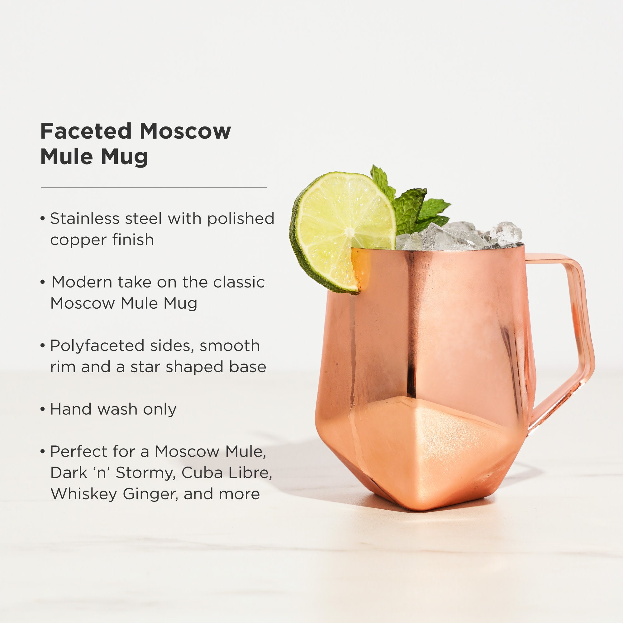 Premium Copper Moscow Mule Mug with Faceted Design - 16oz Handcrafted Copper Cup for Cocktails, Iced Coffee & Cold Drinks - Perfect for Parties, Gifts & Home Bar Decor