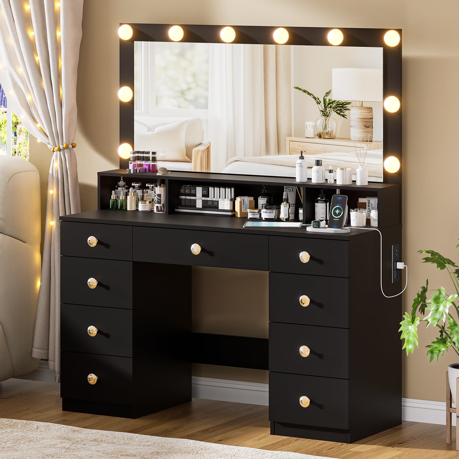 Vanity Desk with Large Mirror & LED Lights - 9-Drawer Makeup Dressing Table with Super Storage, Power Outlet & Crystal Handles - 3 Lighting Modes - Perfect for Women & Girls Bedroom, Beauty Salon or Bridal Suite (Black)