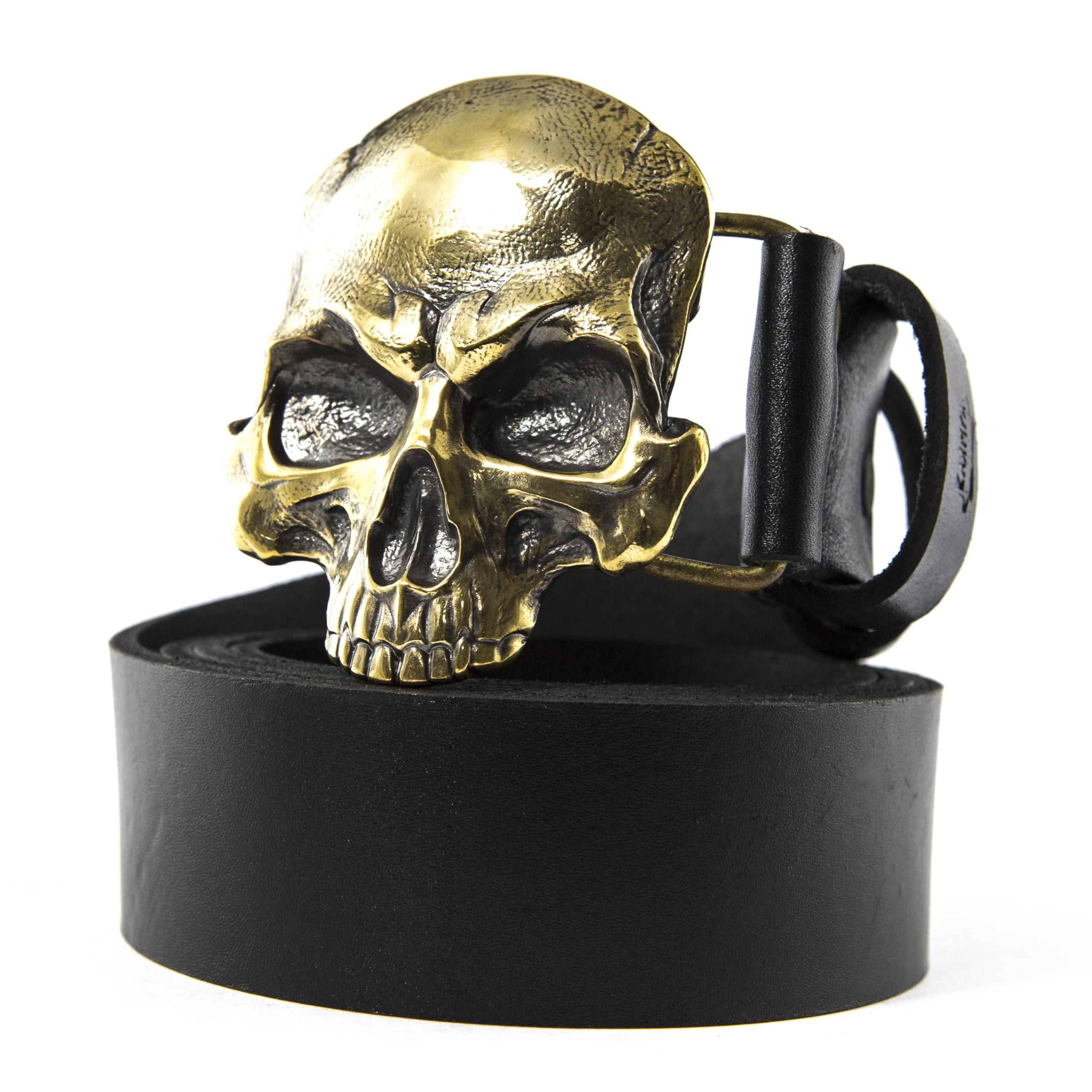 Men's Genuine Leather Belt with Solid Brass Skull Buckle - 1.5