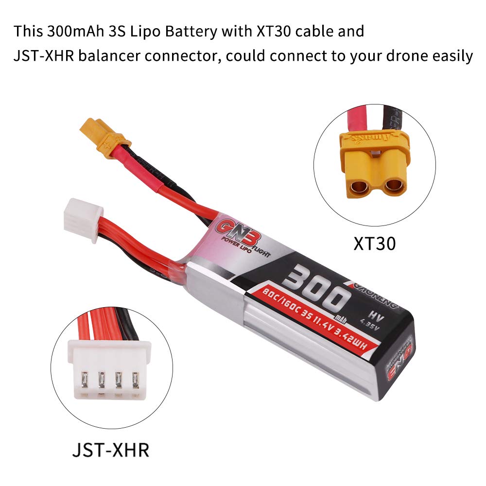 GAONENG 11.4V 300mAh 3S HV LiPo Battery 80C/160C with XT30 Connector for FPV Racing Drones - High Performance RC Drone Battery Pack (2PCS) - Perfect for FPV Quadcopters, Mini Drones and RC Airplanes
