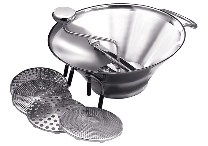 Winco 5 Qt Stainless Steel Food Mill with 5 Blades - Perfect for Pureeing, Mashing & Straining Fruits, Vegetables & Sauces