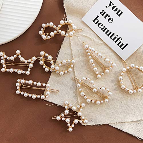BUUEERR 8 Pcs Gold Tone Pearl Hair Barrettes - Geometric Rhinestone Hair Clips Set with Bow Tie, Heart, Star & Crown Designs - Elegant Bobby Pins for Women & Girls - Perfect for Weddings, Parties & Everyday Hair Styling