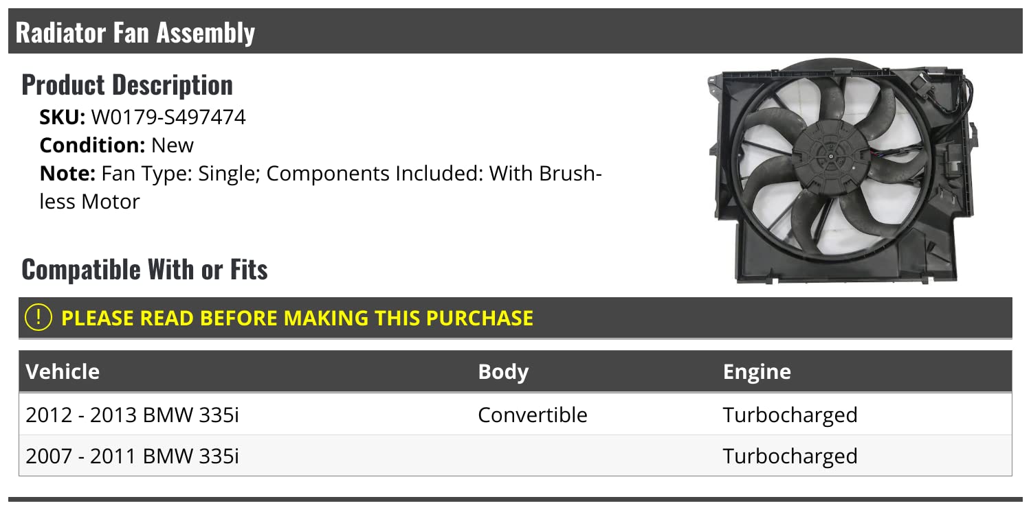 BMW 335i Radiator Fan Assembly Single Fan Replacement for 2007-2013 Convertible Turbo Models - Cooling System Upgrade for Hot Weather & Performance Driving