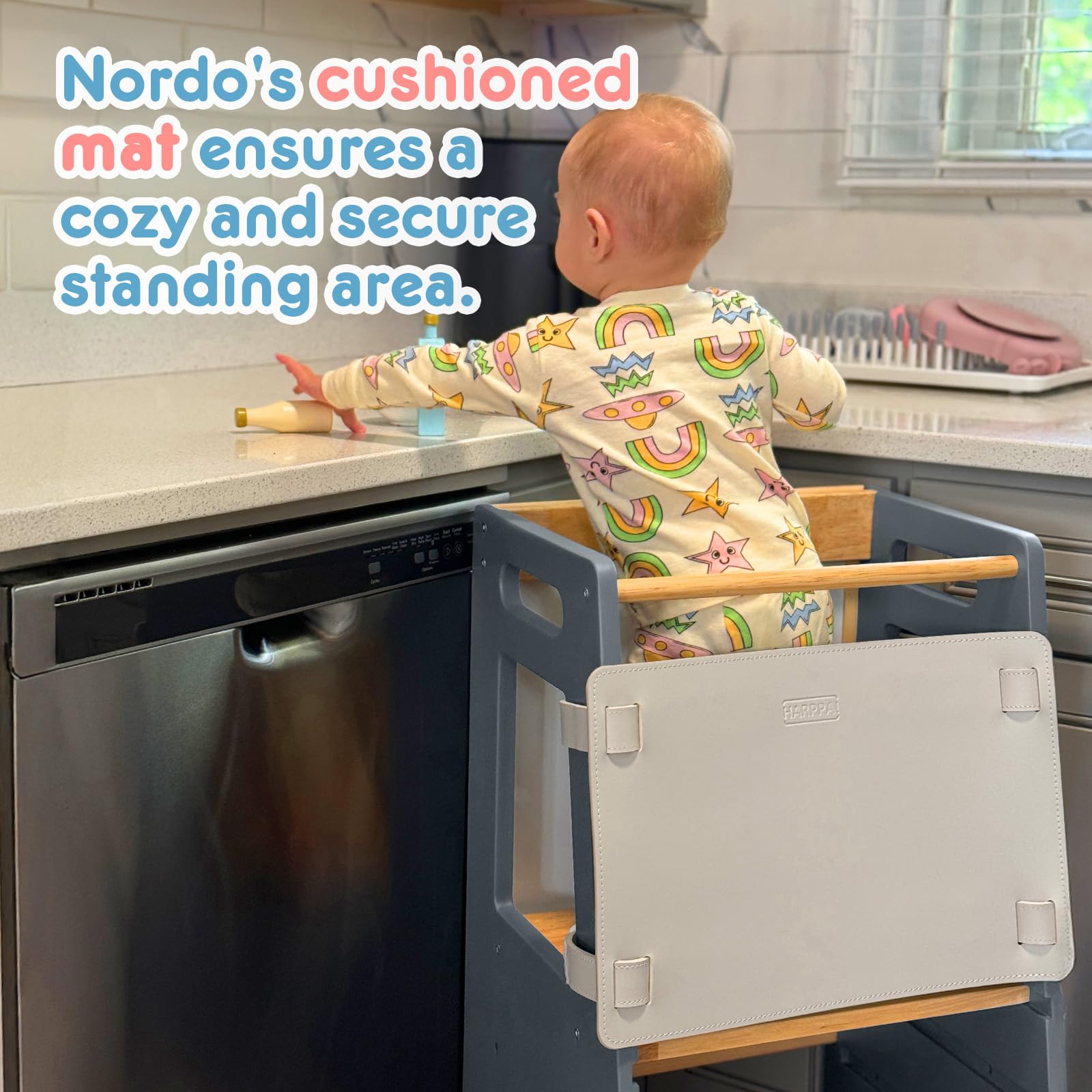 Adjustable Height Toddler Kitchen Helper Stool with Anti-Slip Protection & Safety Rail | Montessori Learning Stool with Chalkboard for Kids | Perfect for Baking, Cooking & Playtime (Gray)