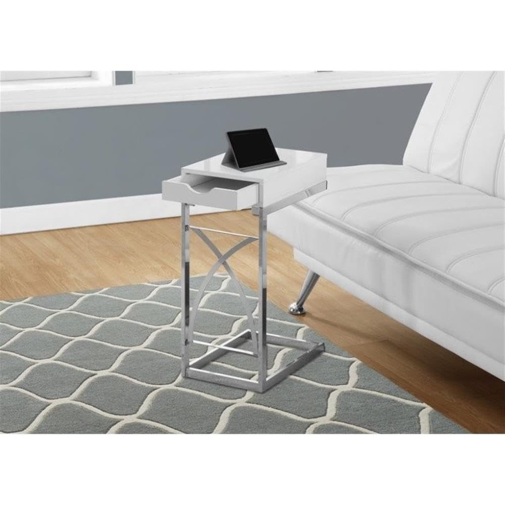 Monarch Specialties 3170 C-Shaped End Side Table with Drawer - Glossy White Laminate & Chrome Metal - 10.25