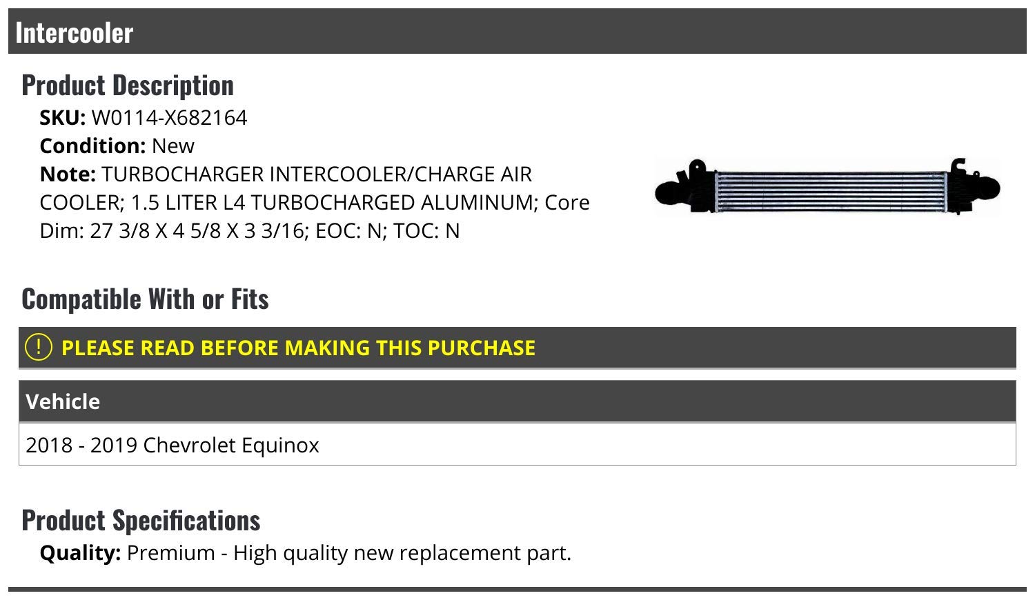 High Performance Turbo Intercooler Air Cooler for 2018-2019 Chevy Equinox 1.5L Turbocharged Engine - Improves Cooling Efficiency & Boost Power - Perfect for Off-Roading, Towing & Hot Weather Driving