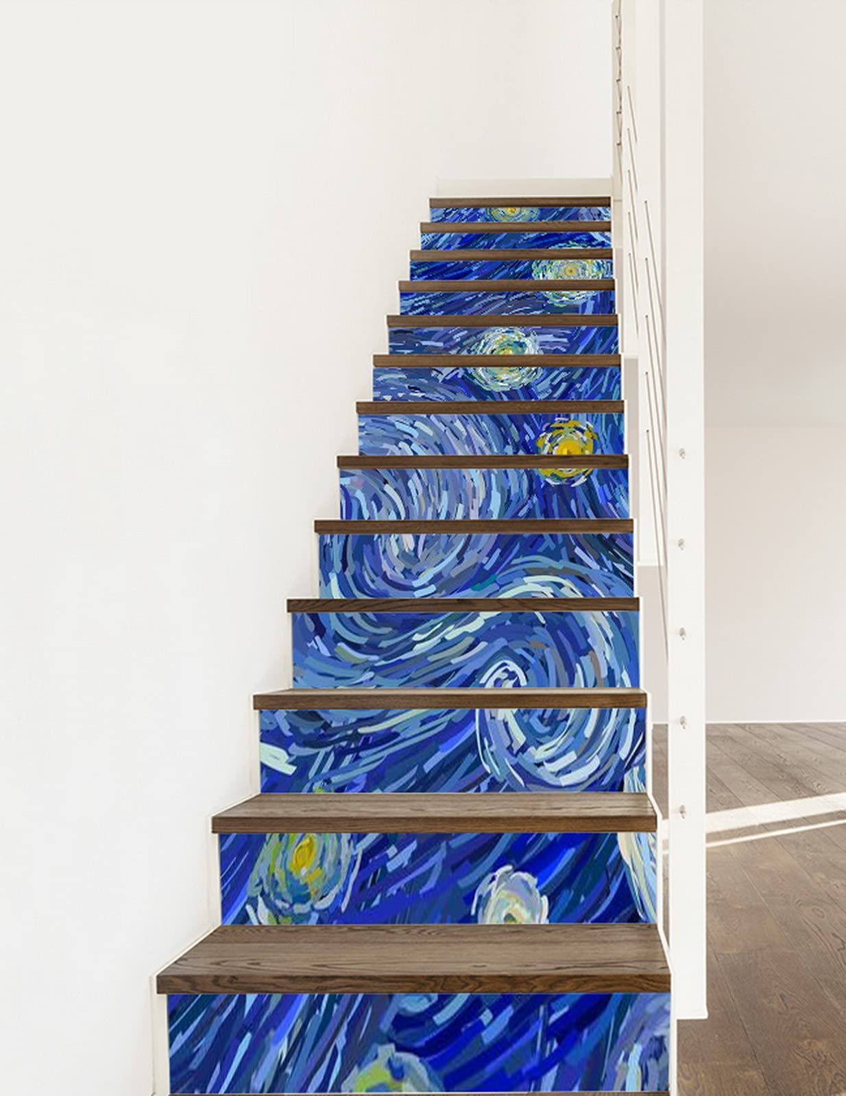 A.Monamour 3D Self-Adhesive Removable Glow in The Dark Stair Stickers - Van Gogh Style Moon & Stars Vinyl Decals for Stairs, Tiles & Walls (13-Piece Set) - Perfect for Bedroom, Nursery & Staircase Decor