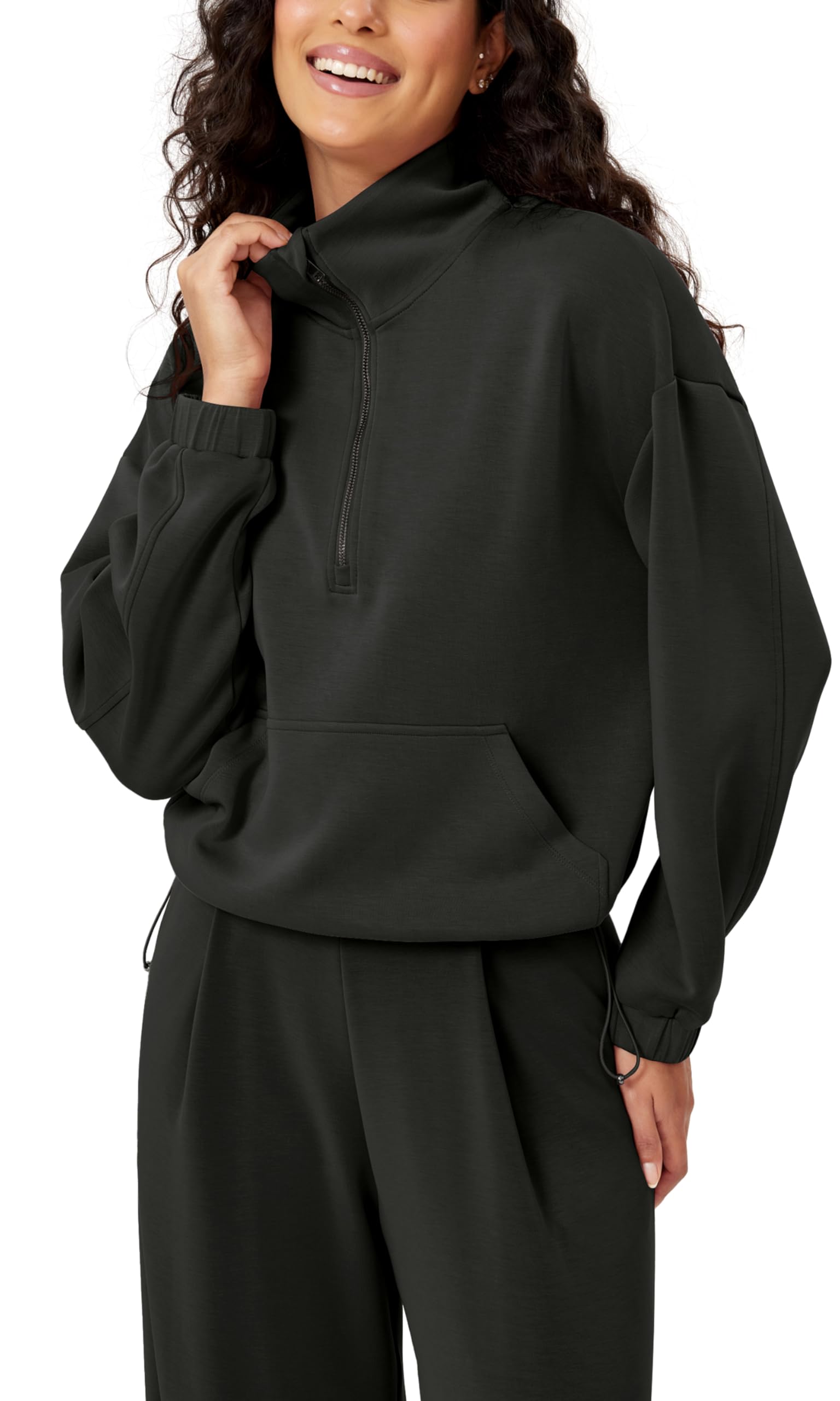 ODODOS Women's Modal Soft Cinchable Sweatshirt - Half Zip Funnel Neck Oversized Pullover with Pockets | Cozy Lounge Wear for Fall & Winter | Casual Outfit for Work, Travel & Home