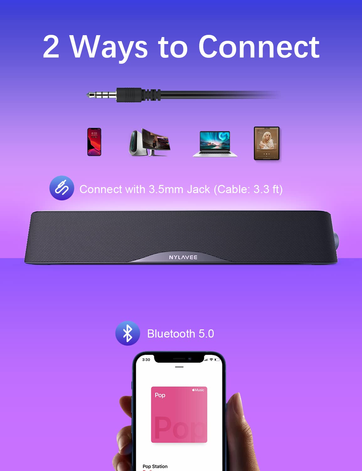 Premium Computer Sound Bar with HiFi Audio - USB Powered PC Speakers, Bluetooth 5.0 & 3.5mm Aux Input for Desktop, Laptop, Gaming, Home Office & Entertainment - Compatible with PC, Mac, Xbox, PS5, Smartphones & Tablets - Perfect for Work, Gaming & Movie Nights