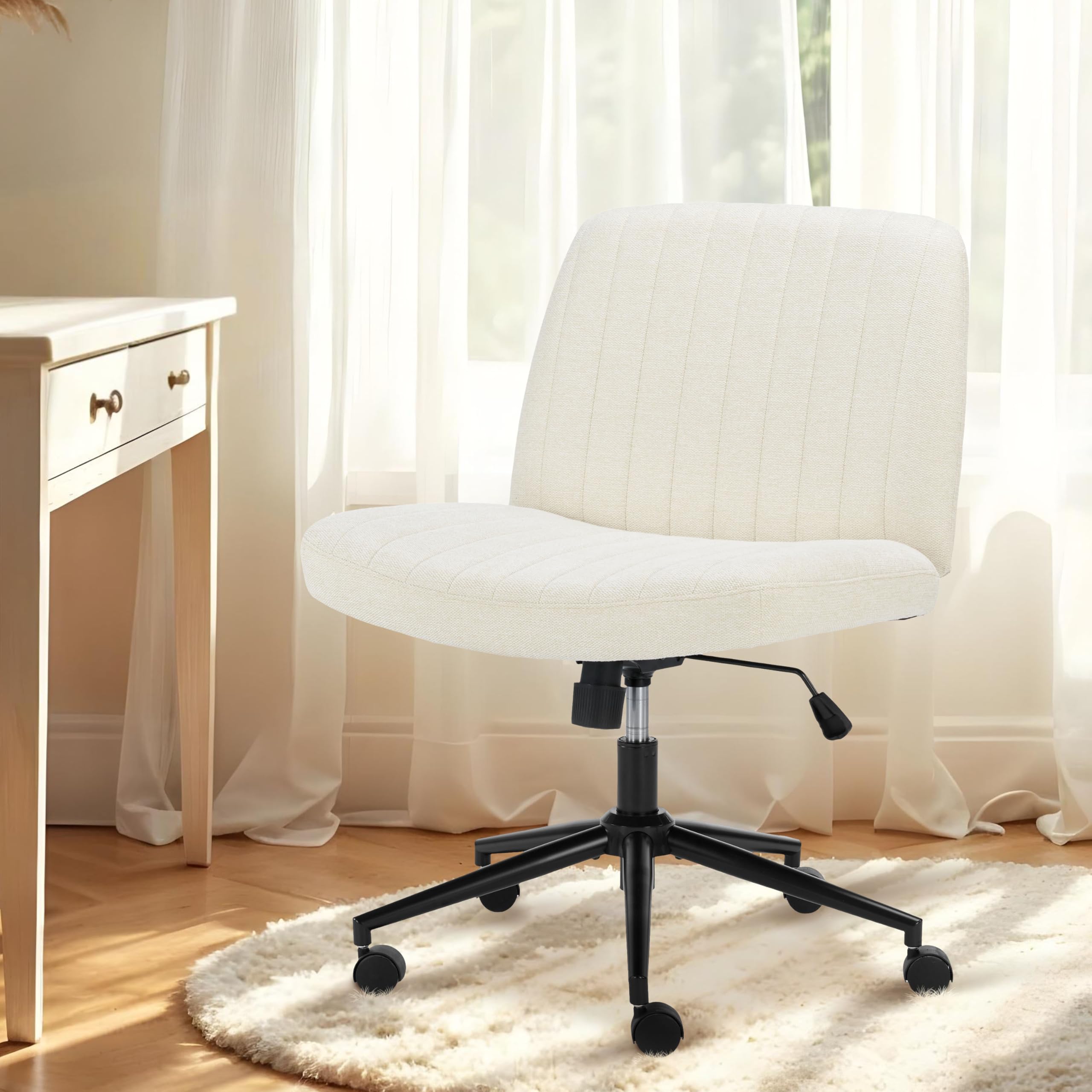 Simple Deluxe Criss Cross Chair with Wheels - Armless Swivel Office Desk Chair with Adjustable Height, Ergonomic Fabric Seat for Home Office & Vanity (Beige) | Perfect for Workstations, Makeup Desks & Study Areas