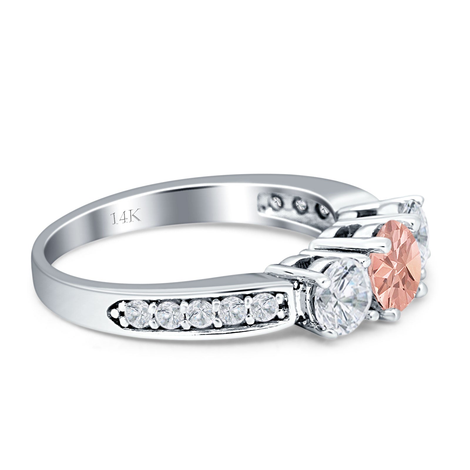 14K Yellow Gold Three Stone Round Morganite & CZ Ring for Women - Elegant Engagement, Wedding, Anniversary Jewelry Gift