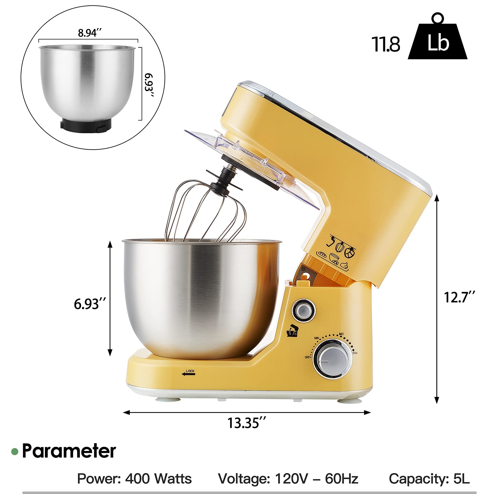 CUSIMAX 5-QT Stand Mixer with Stainless Steel Bowl - Tilt-Head Electric Kitchen Mixer Includes Dough Hook, Mixing Beater & Whisk, Splash Guard in Yellow - Perfect for Baking Cakes, Cookies, Bread & More