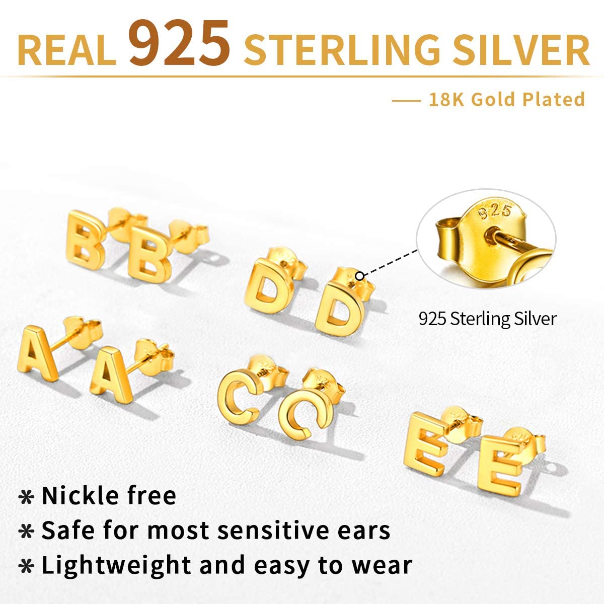 Hypoallergenic 925 Sterling Silver Initial Letter Stud Earrings for Women - Tiny A-Z Alphabet Studs for Sensitive Ears - ChicSilver Simple Elegant Jewelry Gift (Perfect for Everyday Wear, Gifts & Special Occasions)