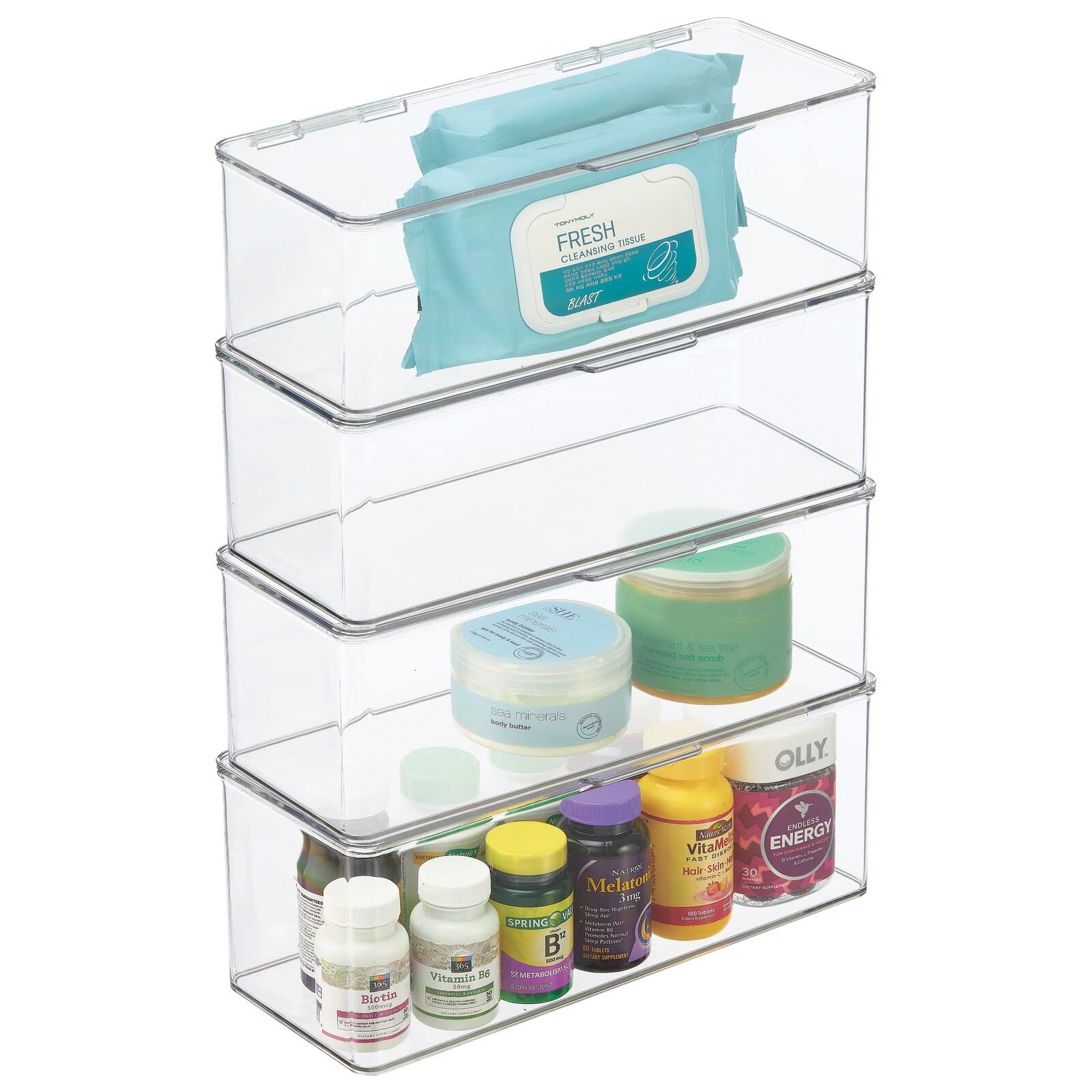 mDesign 4-Pack Clear Plastic Bathroom Storage Organizer Box with Hinged Lid - Vanity Drawer & Countertop Organizer for Lotions, Shampoo, Conditioner, Soap, Cotton Swabs, Face Towels & Accessories | Perfect for Bathroom Counter Organization, Makeup Storage & Small Item Decluttering