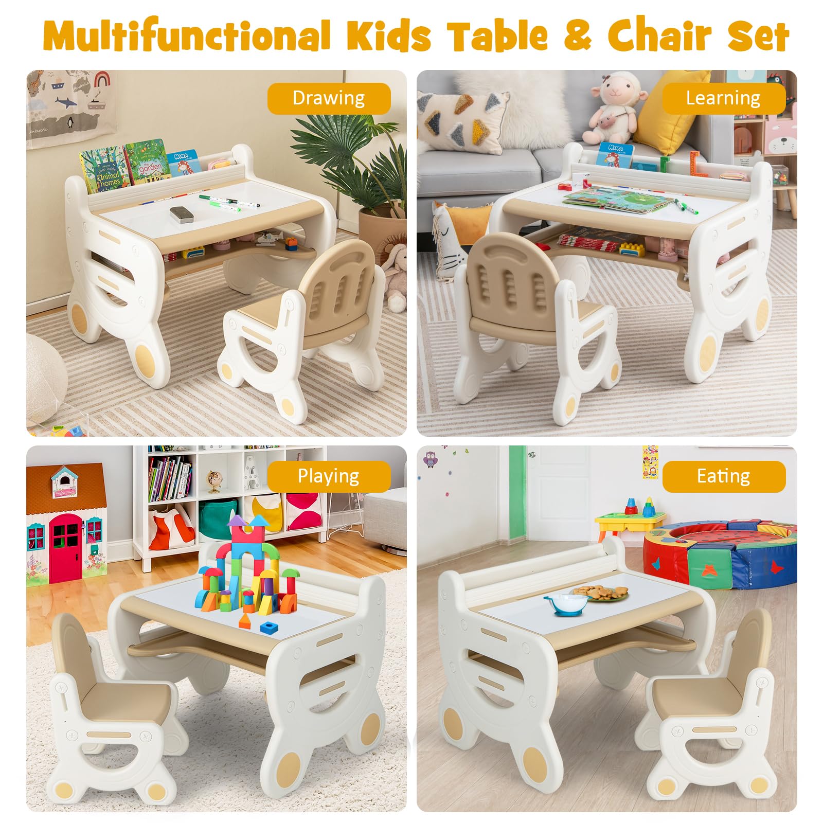 Costzon Kids Table and Chair Set - Plastic Activity Table with Watercolor Pens, Blackboard Eraser & Storage Shelf for Drawing, Reading, Playing & Eating - Toddler Table and Chair Set (Coffee) - Perfect for Preschool Learning, Arts & Crafts, and Playroom Activities