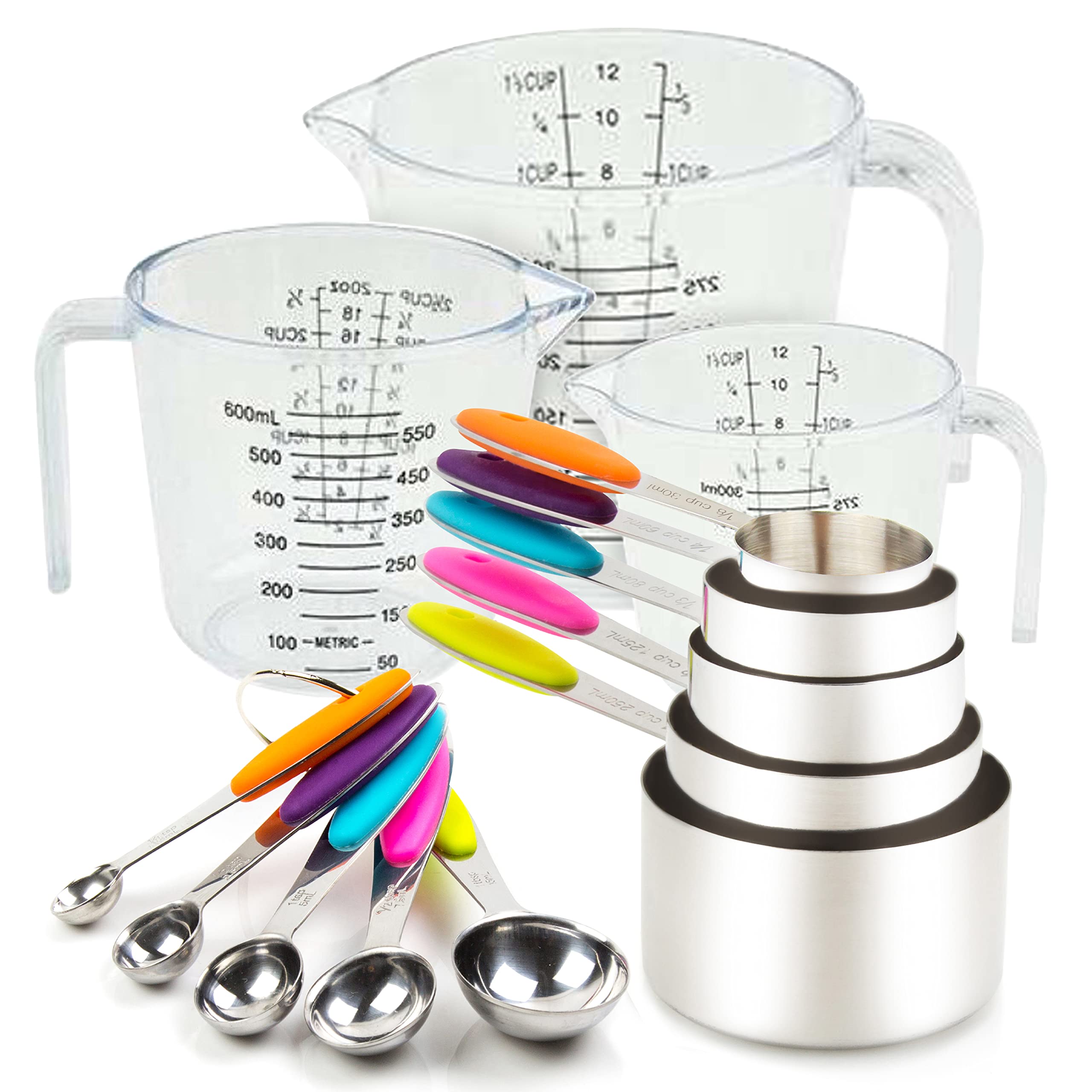 13-Piece Measuring Cups and Spoons Set - 10 Stainless Steel Measuring Spoons & Cups + 3 Plastic Measuring Cups for Liquid & Dry Ingredients | Perfect for Baking, Cooking & Meal Prep