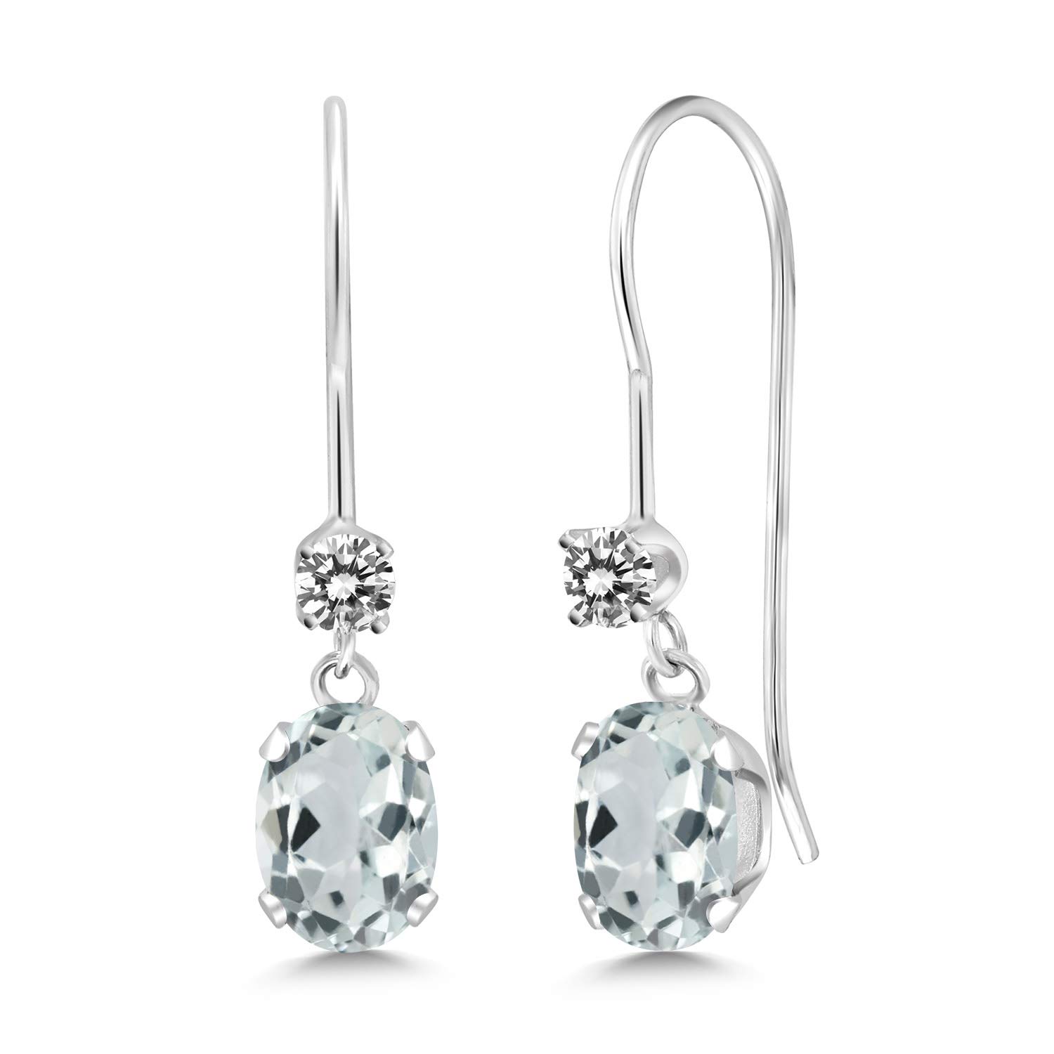 0.99 Ct Oval Sky Blue Aquamarine & White Diamond 14K White Gold Dangle Earrings - Gem Stone King | Elegant Jewelry for Weddings, Parties & Special Occasions
