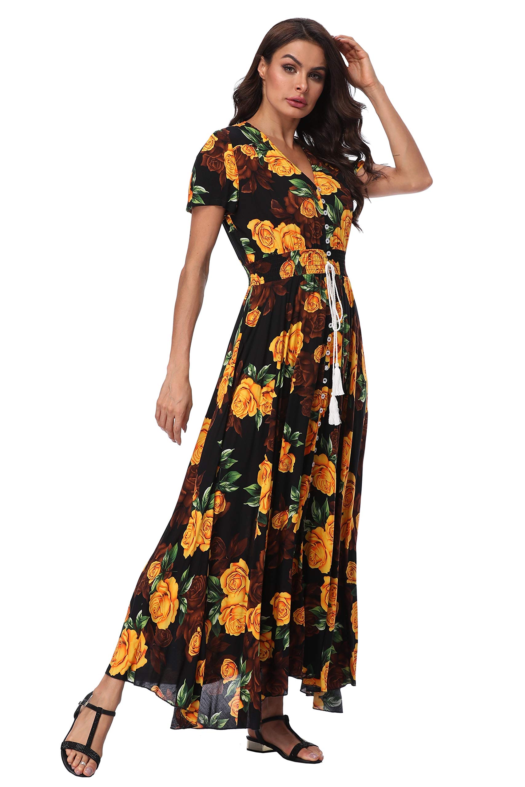 Boho Floral Maxi Dress for Women - Summer Button Up Beach Dress with Side Slit & Flowy Design | Perfect for Beach Parties, Vacations & Outdoor Events