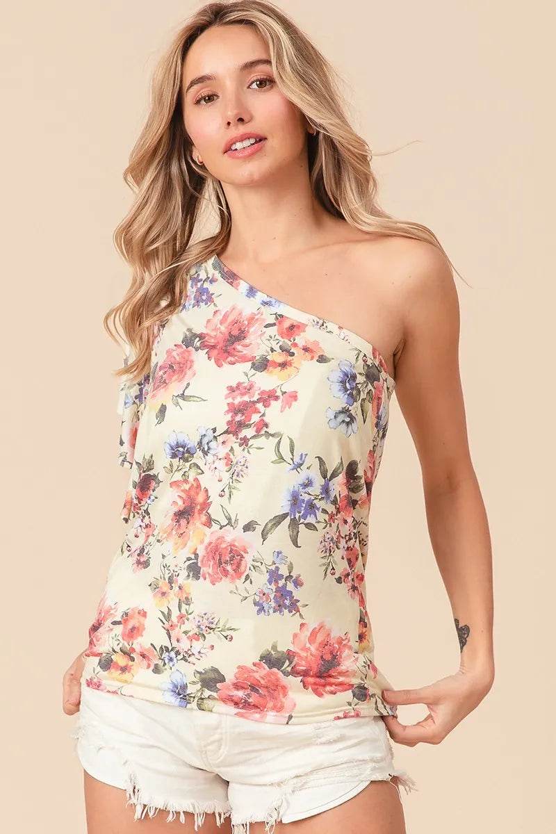 BiBi Floral Printed Jersey Knit Ruffle Sleeve Top for Women | Soft Stretch Casual Blouse | Perfect for Spring Outfits, Date Nights & Office Wear