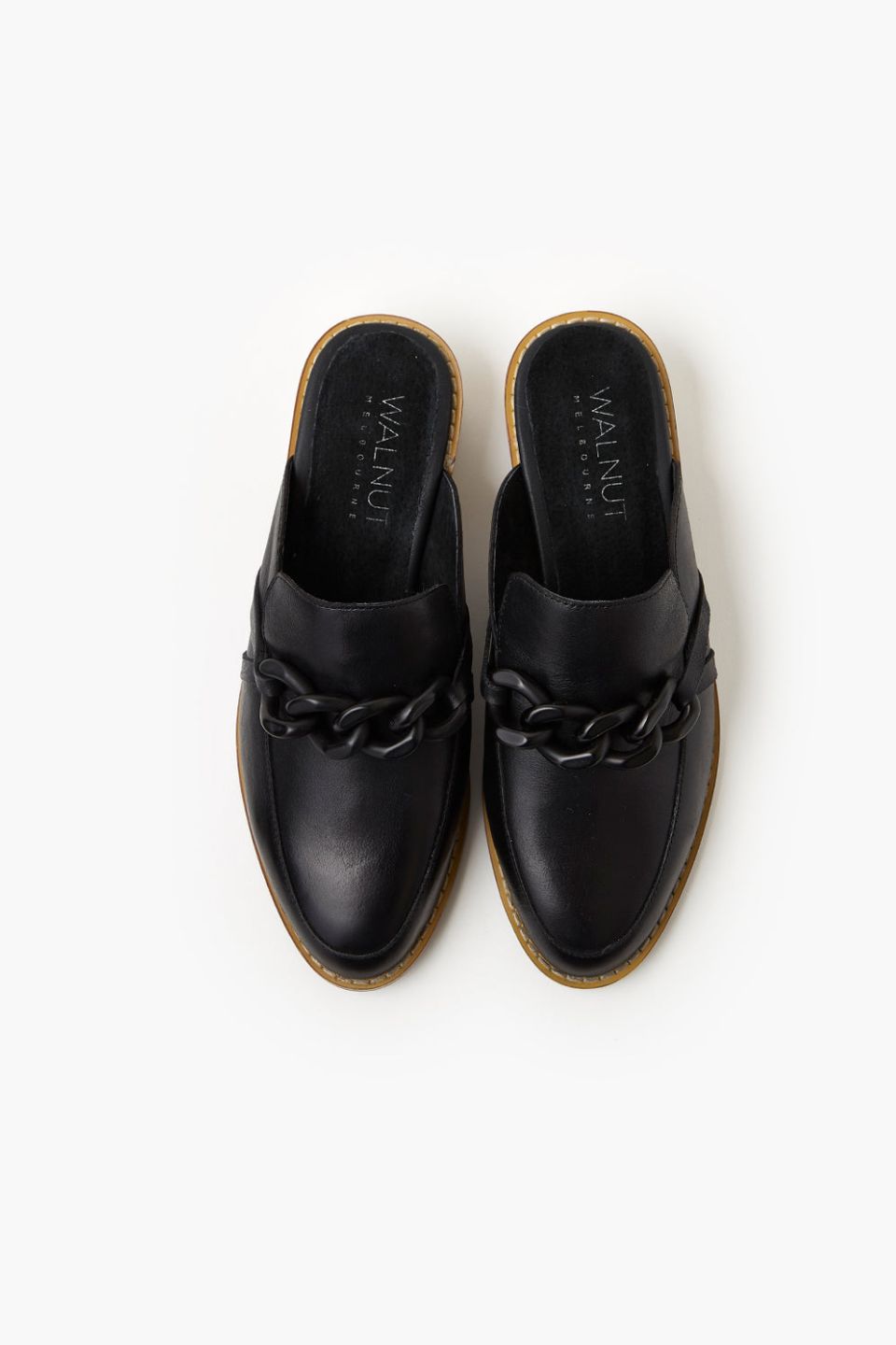 Gabriel Black Leather Mule Shoes with Gold Chain Detail - Comfortable Slip-On Women's Loafers for Office, Casual Outfits & Everyday Wear