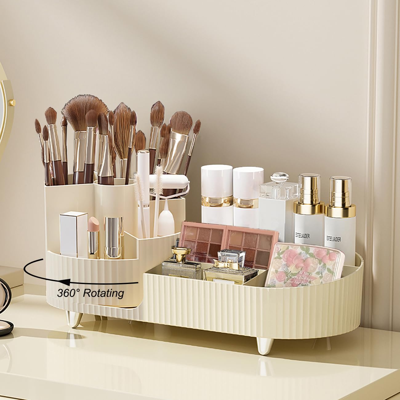 Rotating Makeup Organizer with Large Capacity & Brush Holder - Cream Vanity Cosmetic Display Case for Countertop | Perfect for Makeup Storage, Beauty Salon & Home Organization
