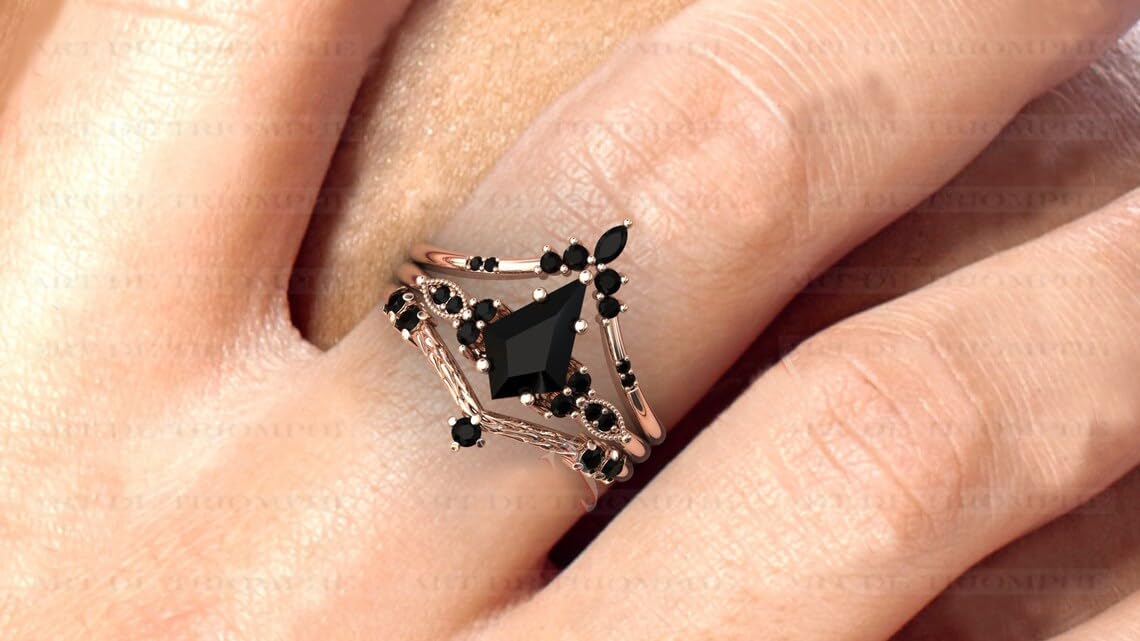 3 CT Kite Shaped Black Onyx Engagement Ring Set - Vintage Art Deco Wedding Band for Women, Unique Bridal Jewelry, Anniversary Promise Ring - Perfect for Proposals, Weddings & Special Occasions