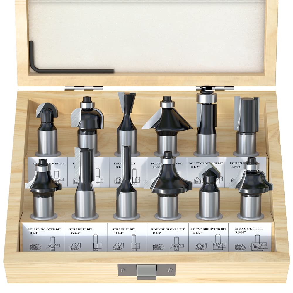FivePears 12-Piece Tungsten Carbide Router Bit Set with 1/2-Inch Shank - Professional Woodworking Tools for Doors, Tables, Shelves, Cabinets & DIY Projects - Perfect for Wood Carving, Edge Trimming & Joinery Work