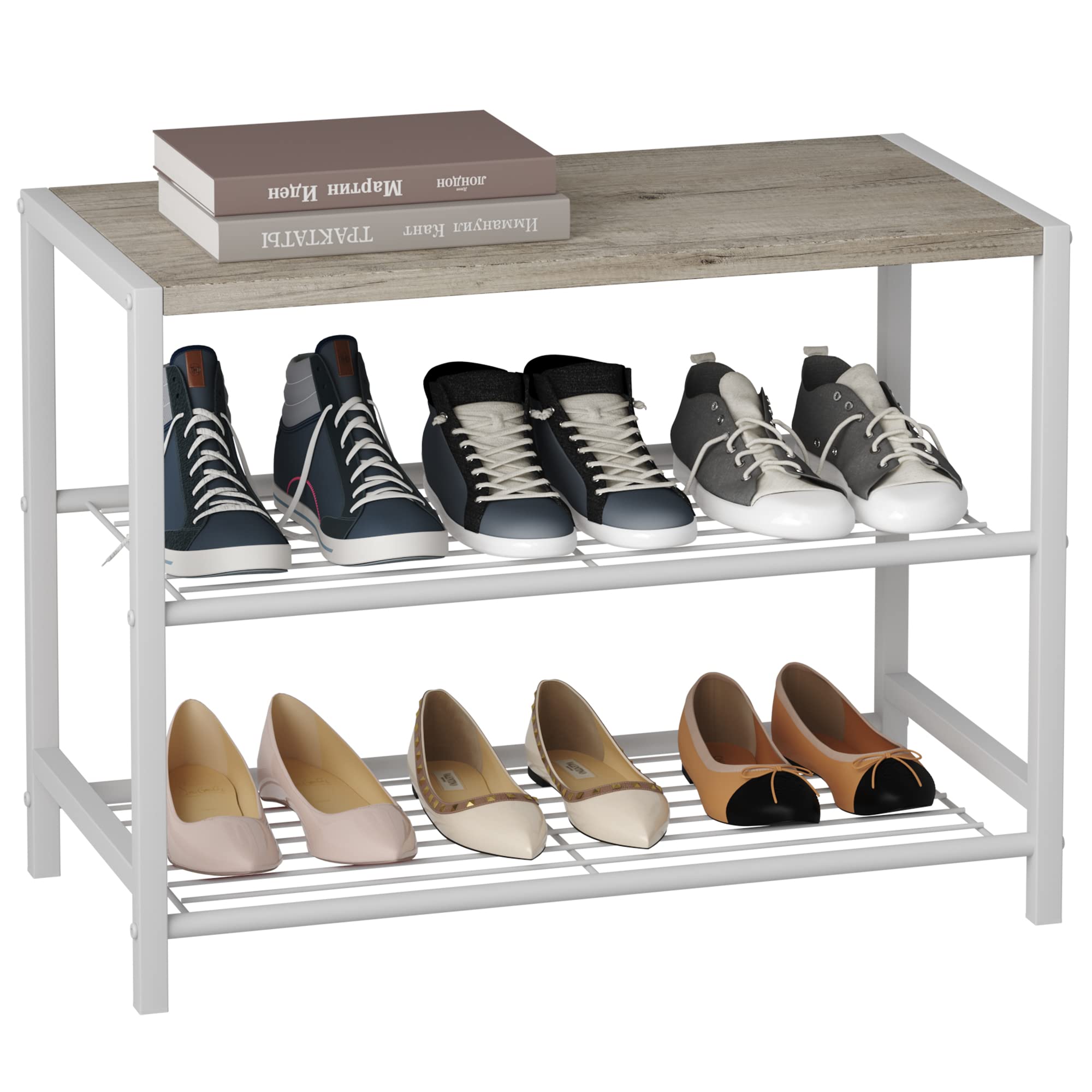 HOMEFORT 3-Tier Metal Shoe Rack - Space Saving Shoe Storage Shelf, Industrial Shoe Organizer Tower for Closet, Entryway & Small Spaces - Durable Narrow Shoe Table with White Oak Finish - Perfect for Apartments, Dorm Rooms & Mudroom Organization
