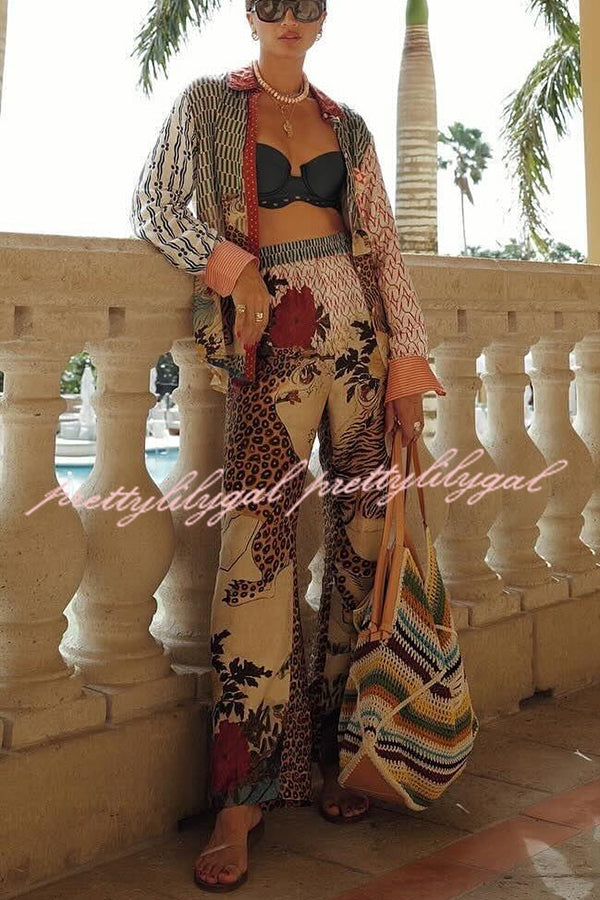Tropical Jungle Tiger Print Long Sleeve Loose Shirt & Elastic Waist Pants Set - Stylish Animal Print Outfit for Women, Casual Wear, Vacation Outfits, and Street Fashion