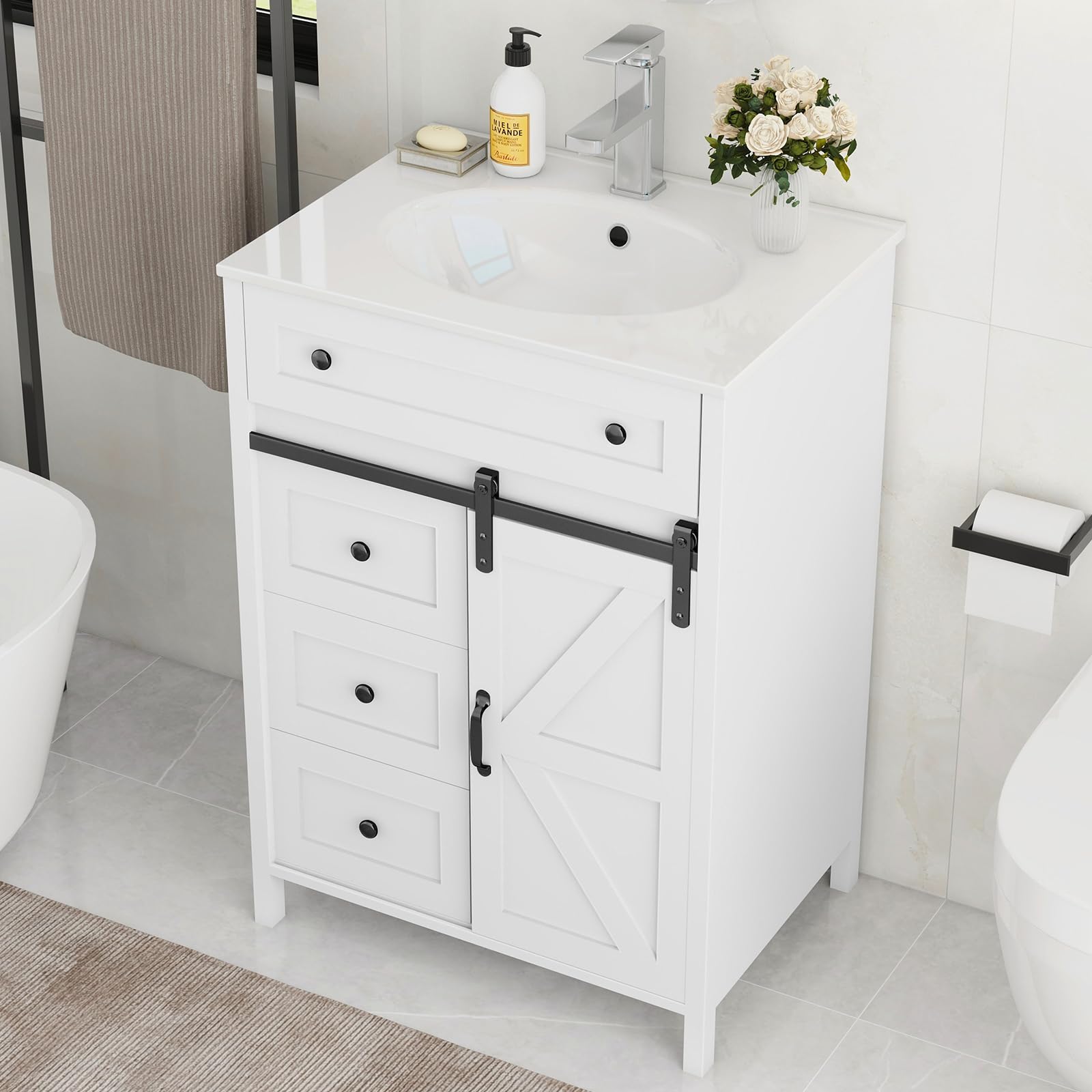 Vabches Freestanding Bathroom Vanity Set with Sink, Matte Silver Faucet, Drawers & Sliding Door - White Bathroom Storage Cabinet for Small Spaces, Modern Powder Room & Guest Bathroom Makeover