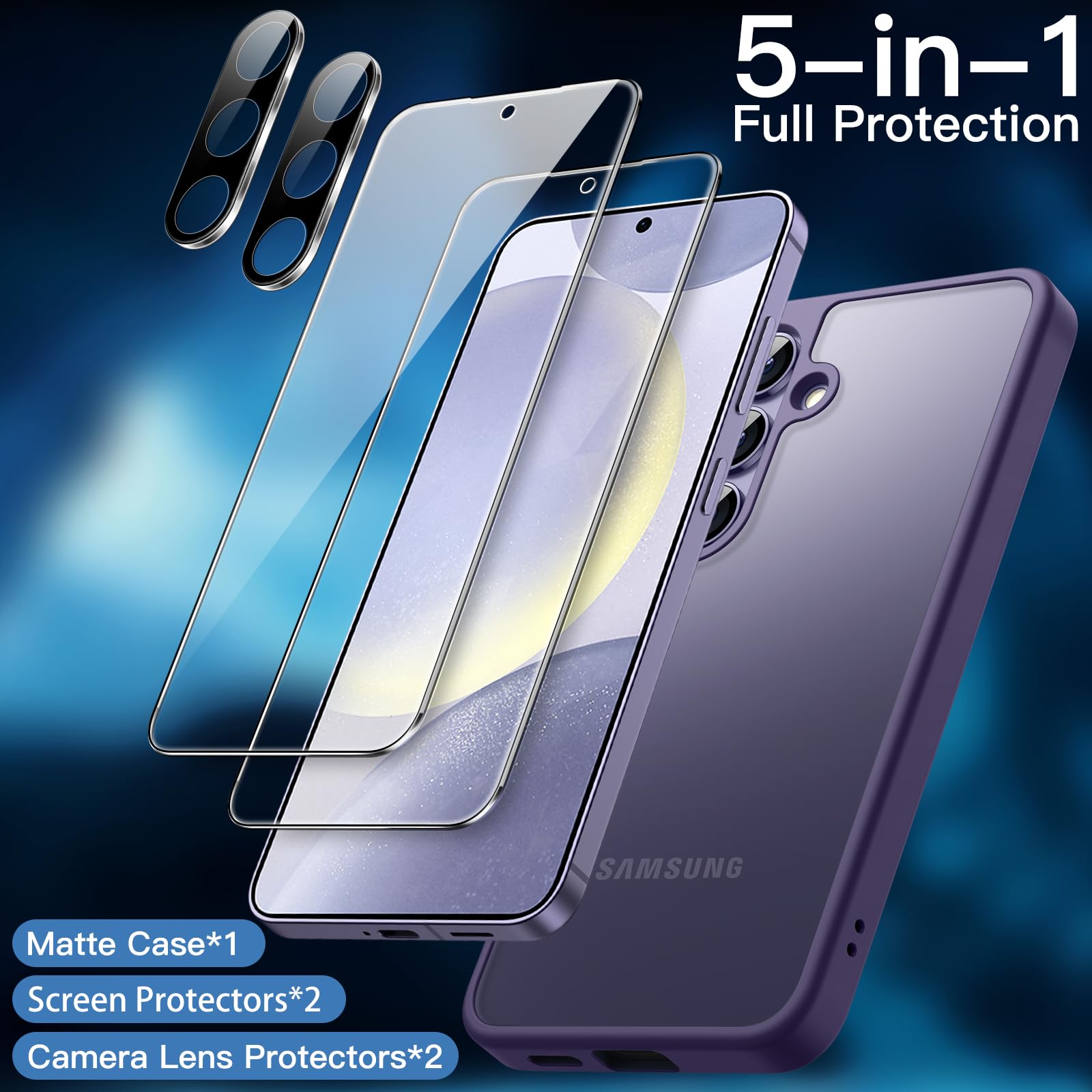 JETech 5-in-1 Matte Case for Samsung Galaxy S24+ / S24 Plus 5G - Includes 2-Pack Tempered Glass Screen Protector & Camera Lens Protector, Translucent Back Shockproof Phone Cover (Cobalt Violet) - Perfect for Work, Travel & Everyday Protection