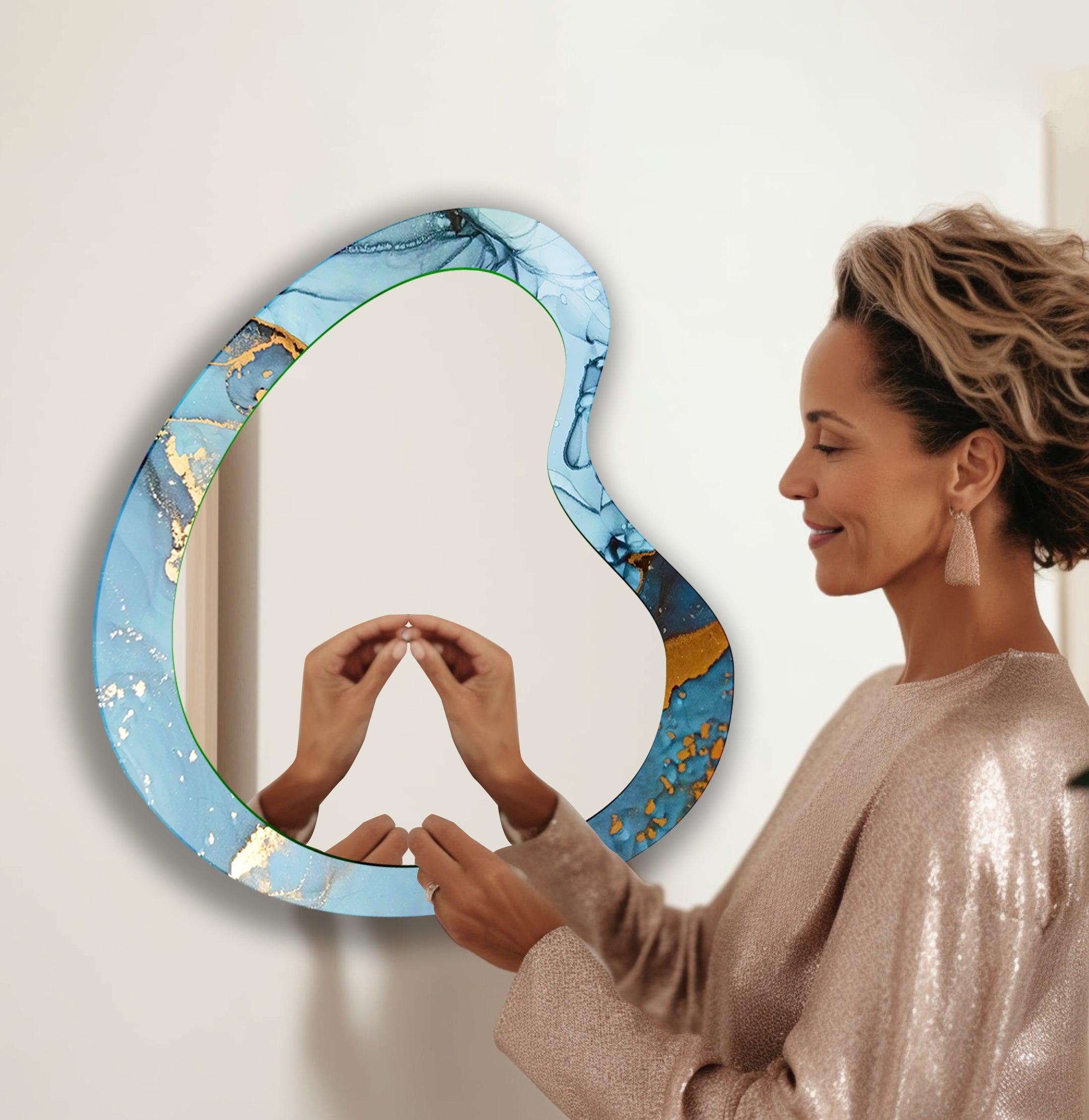 Blue & Gold Alcohol Ink Wall Mirror - Handmade Aesthetic Decorative Mirror for Home, Office & Gifts - Perfect for Living Room, Bedroom & Bathroom Decor