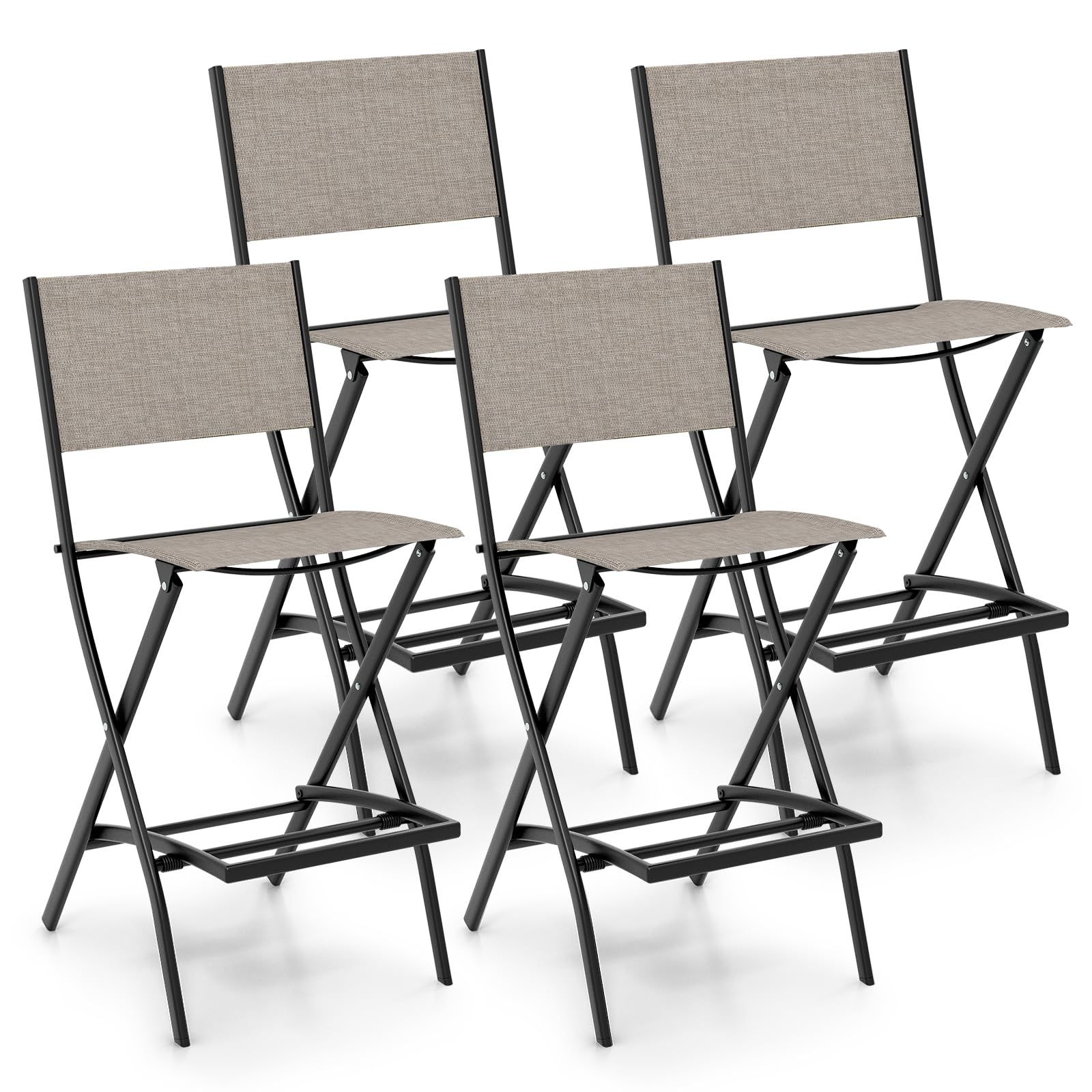 Giantex Set of 4 Folding Outdoor Bar Stools - Counter Height Patio Chairs with Footrest & Back Support, All-Weather Resistant Metal Frame for Porch, Deck, Lawn, Garden - Light Brown | Perfect for Backyard BBQs, Poolside Lounging & Outdoor Entertaining